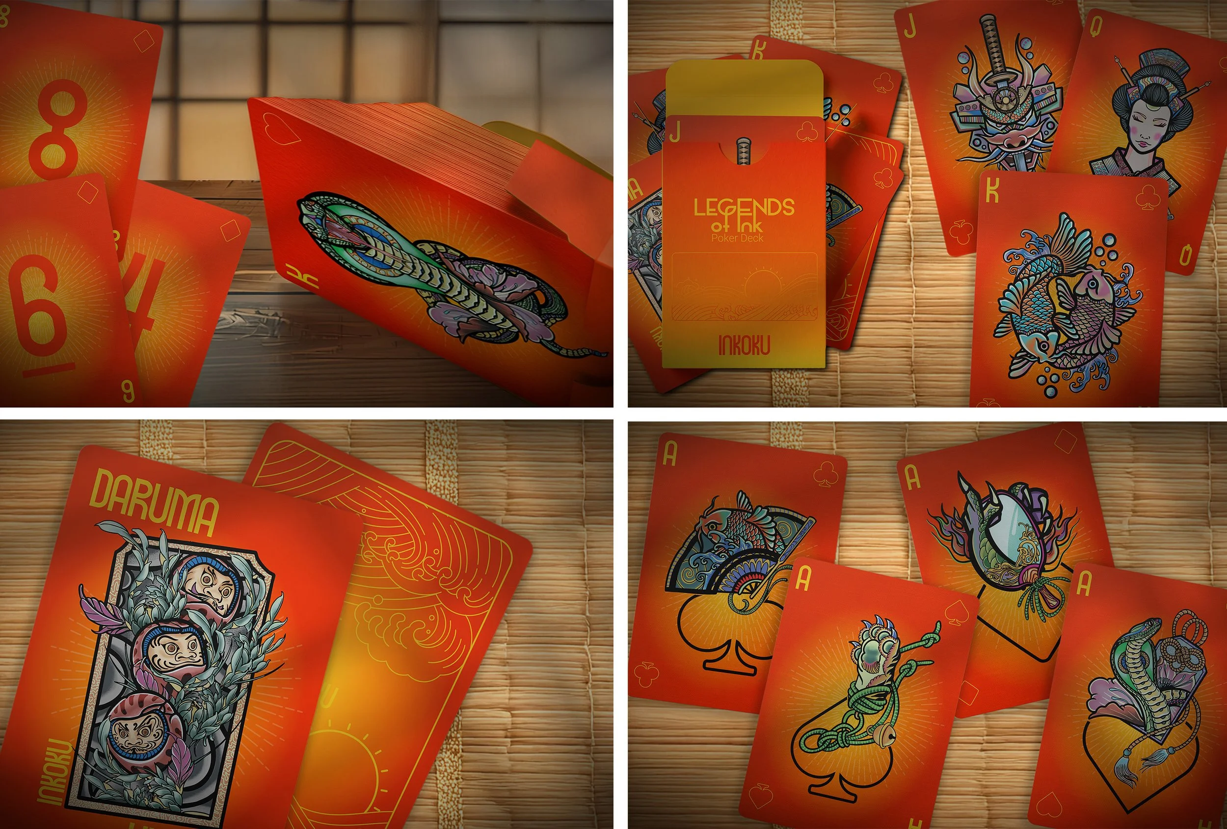 A deck of playing cards featuring colorful and artistic designs of traditional Japanese tattoos, including dragons, women, and mythical creatures, with some cards face up and others face down.