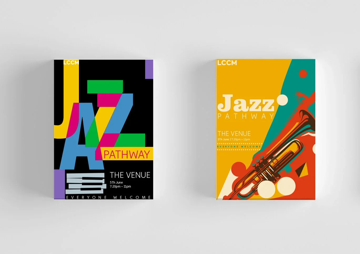 Two colorful jazz event posters on a light gray background. The left poster features abstract shapes and the text 'JAZZ PATHWAY' and details of the event at The Venue on June 5th from 7:20 pm to 11 pm. The right poster has a yellow background with an illustration of a trumpet, the text 'Jazz PATHWAY,' and event details at The Venue on June 5th from 7:20 pm to 11 pm.