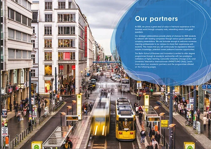 Busy city street with yellow tram, pedestrians, shops, and buildings under cloudy sky. Overlaid blue circle with white text about business partnerships.