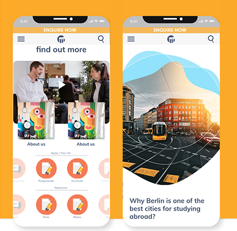 Two mobile phones displaying an app called 'Enquire Now,' showing images and information about studying abroad in Berlin, including a cityscape photo with a tram and a section about applications and visa info.