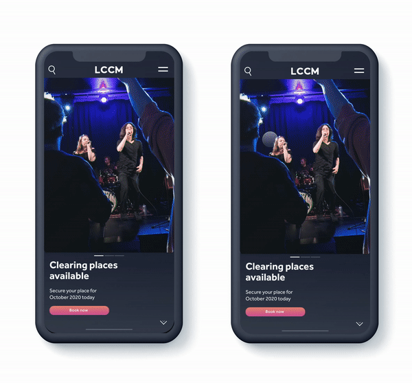 Two smartphones displaying a music event app with a stage and performers, and a booking button.