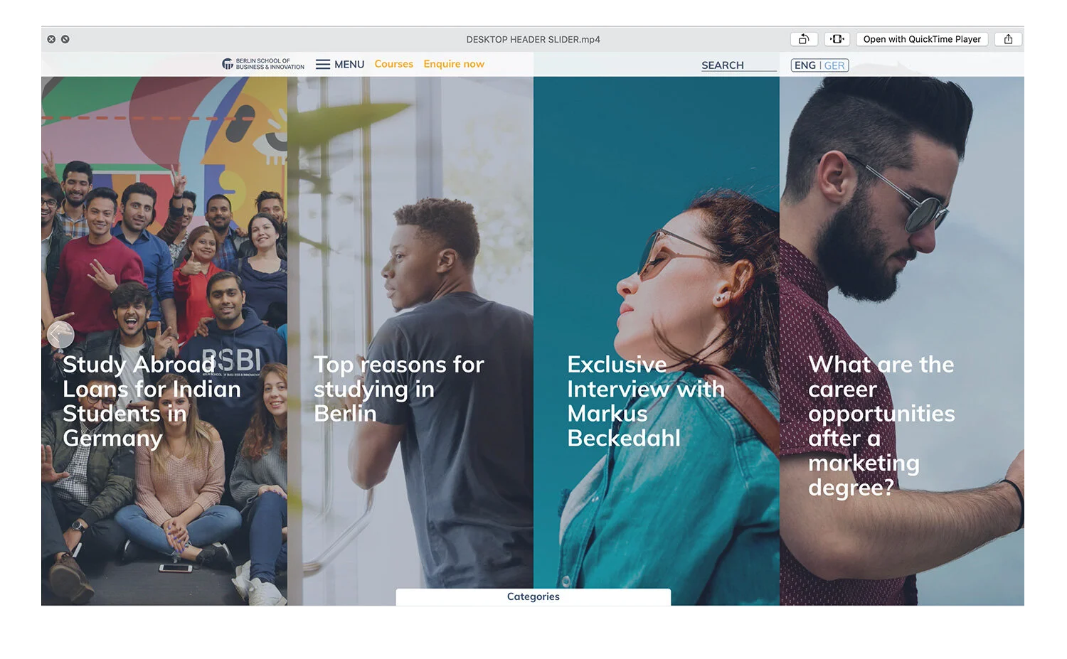 Screenshot of a webpage with four sections showing diverse students and professionals, featuring topics on studying abroad, studying in Berlin, interviewing Markus Beckdahl, and career opportunities after a marketing degree.