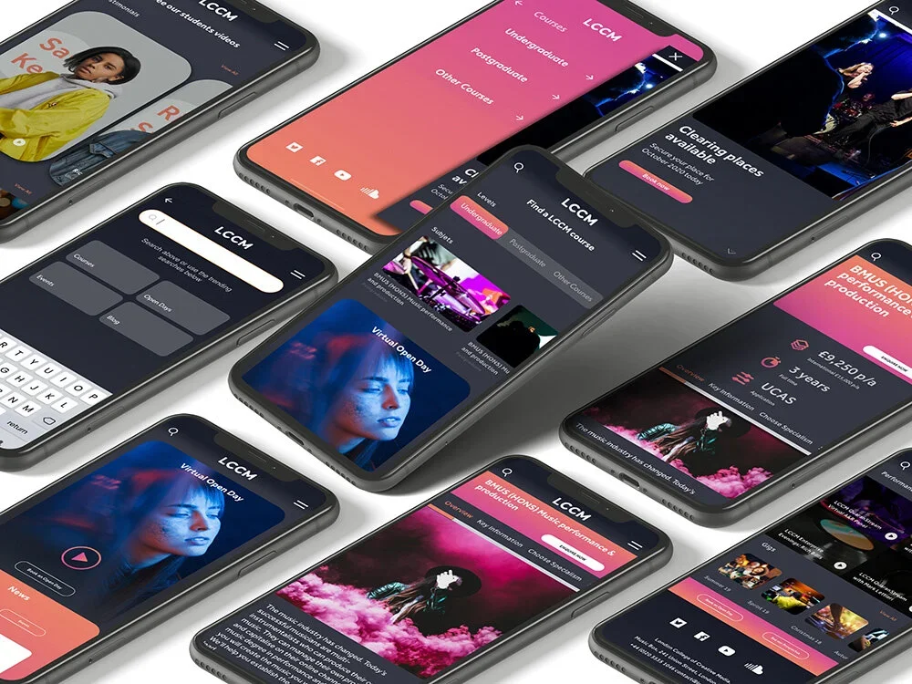 Multiple smartphones displaying different pages of a music and education app, featuring courses, virtual events, and performance information.