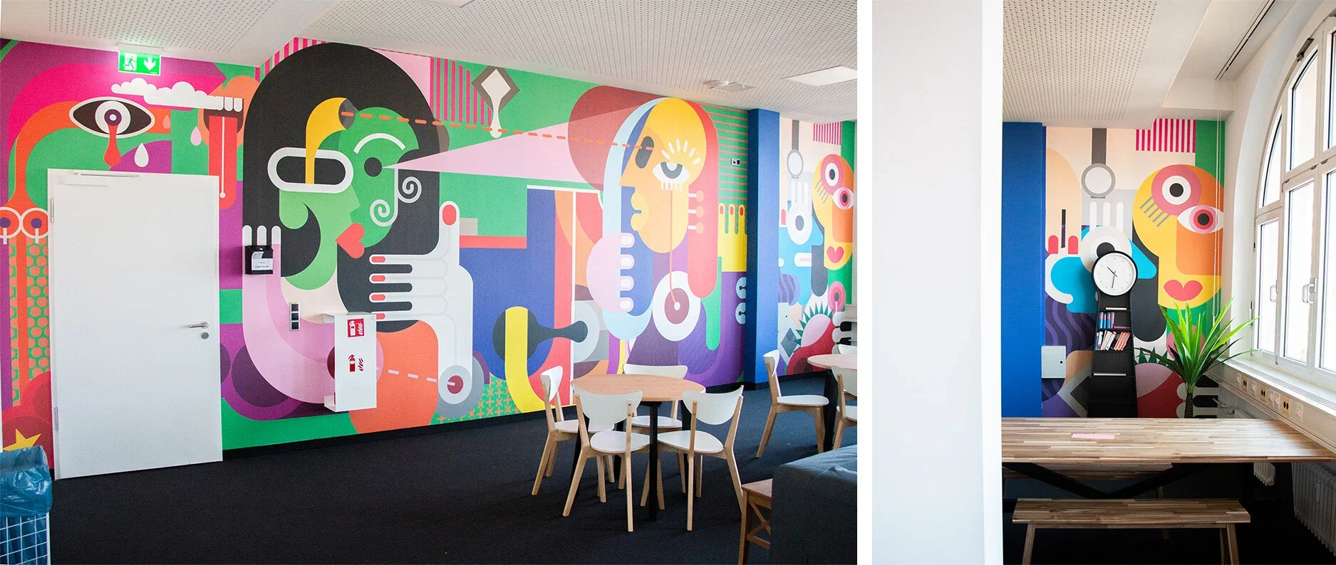 Colorful abstract mural wall art in an office or meeting room with wooden tables, chairs, clock, bookshelf, and large windows.