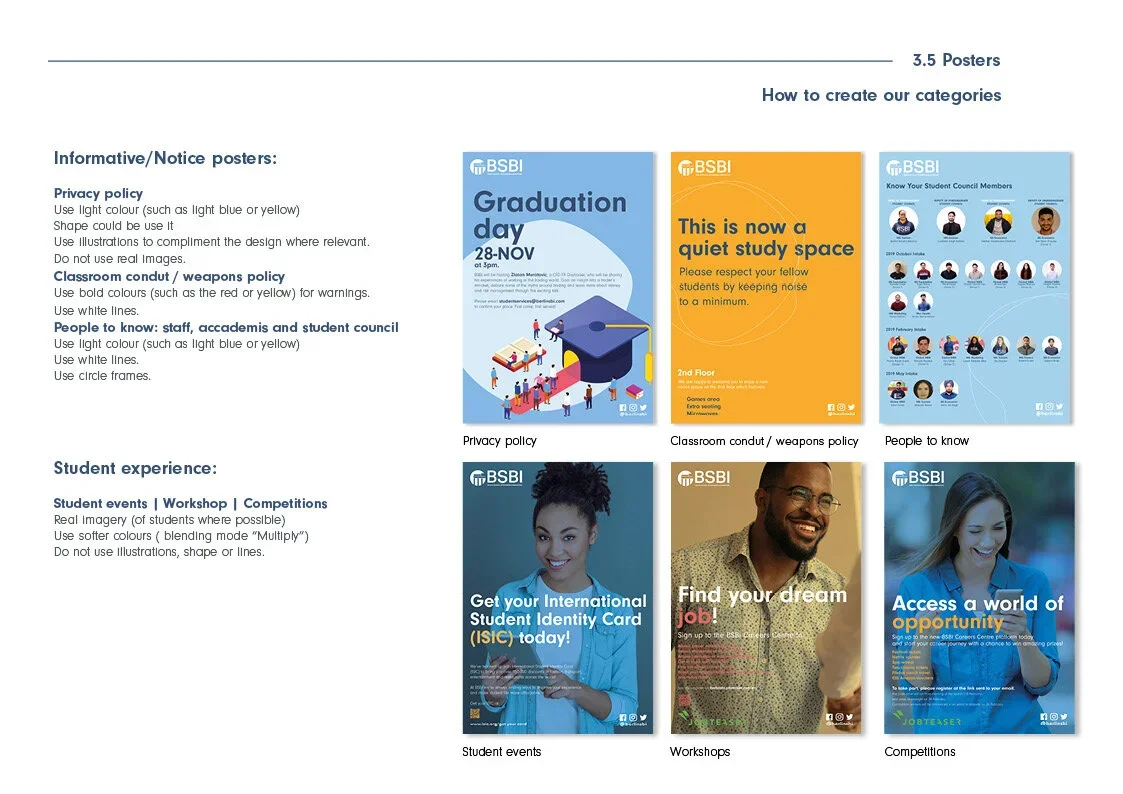 Collection of six posters: two on privacy policy, one on graduation day, one on study space, one on student identity card, one on finding a job, and one on opportunities, with colorful designs and photos of students.