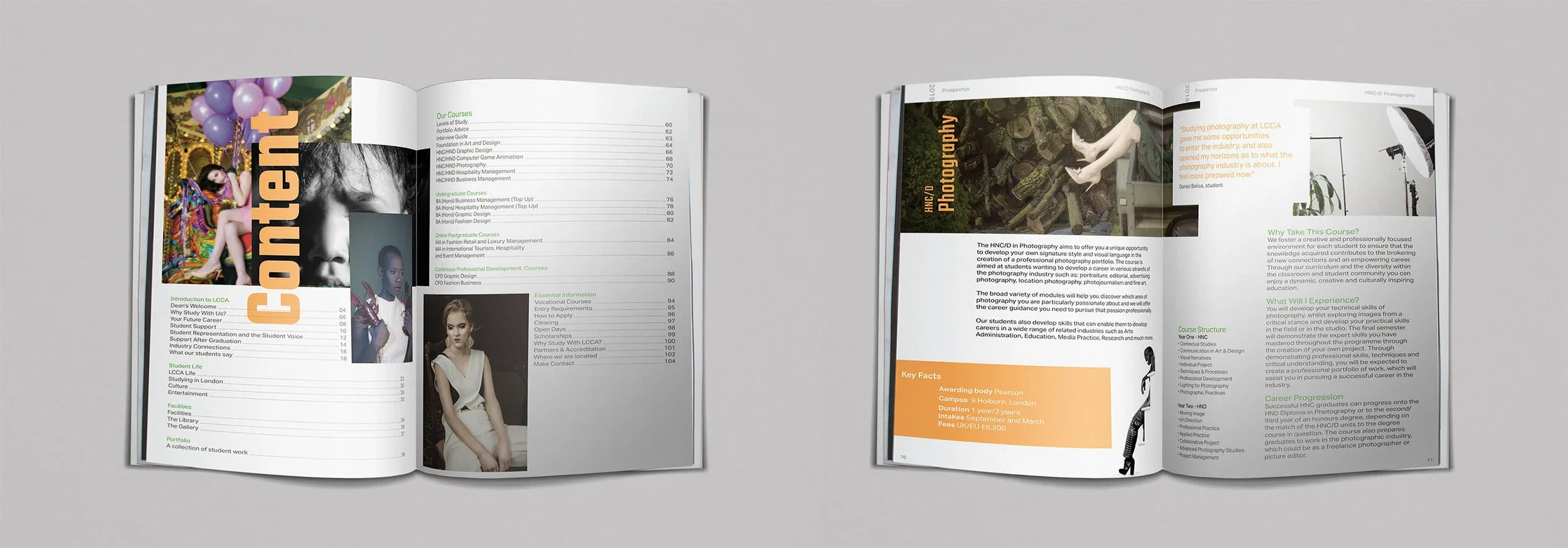 Open college brochure or catalog with sections on courses, student life, facilities, and a photography course. Pages include images of students, a colorful carousel, and photographic equipment.