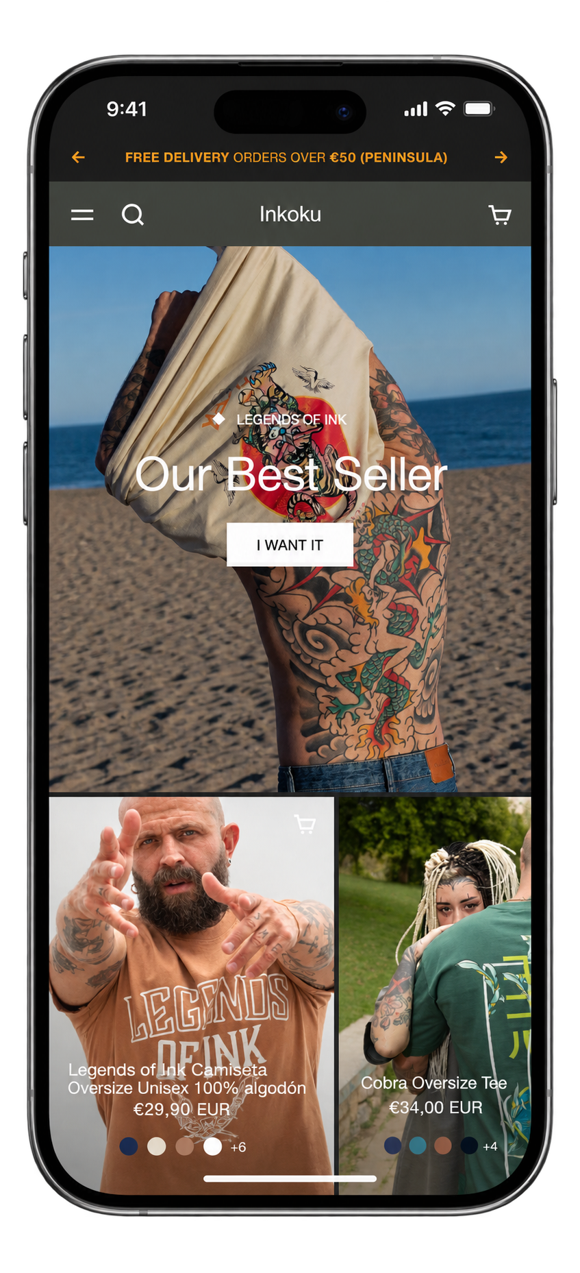 A smartphone screen displaying an online clothing store app named Inkoku, with a backdrop of a person with tattoos holding a tote bag with a tattoo design on the beach, and two product listings below for oversized t-shirts.