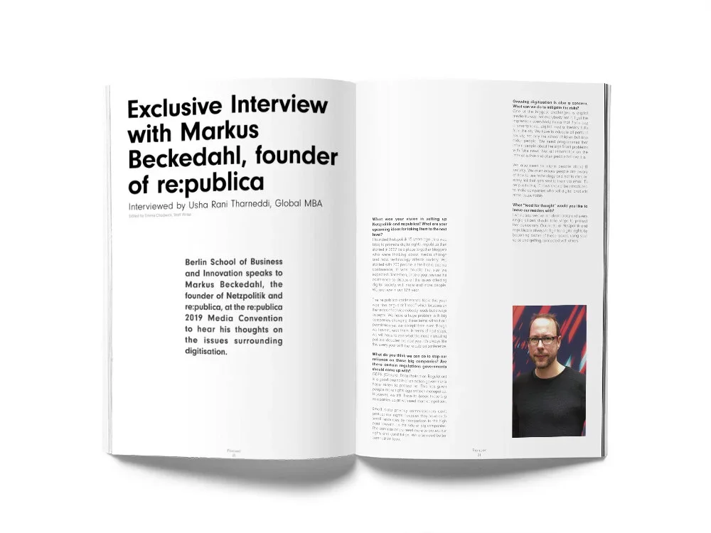 Open magazine featuring an interview with Markus Beckedahl, founder of republica, with a black-and-white profile photo of the interviewee on a two-page spread.