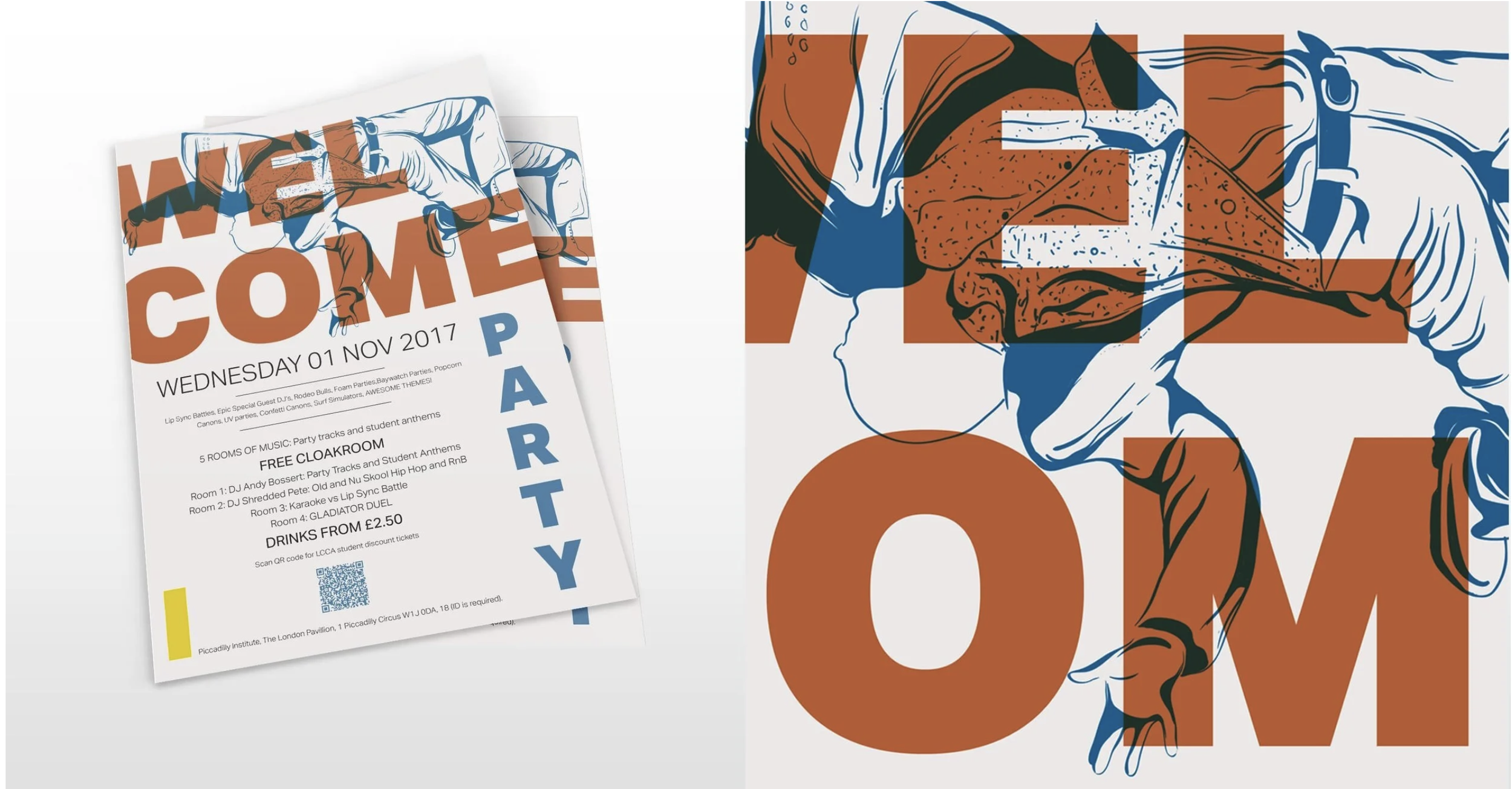 Event flyer with the word "WELCOME" in large orange letters and a blue outline of a person with a hat and glasses, with the event details below.