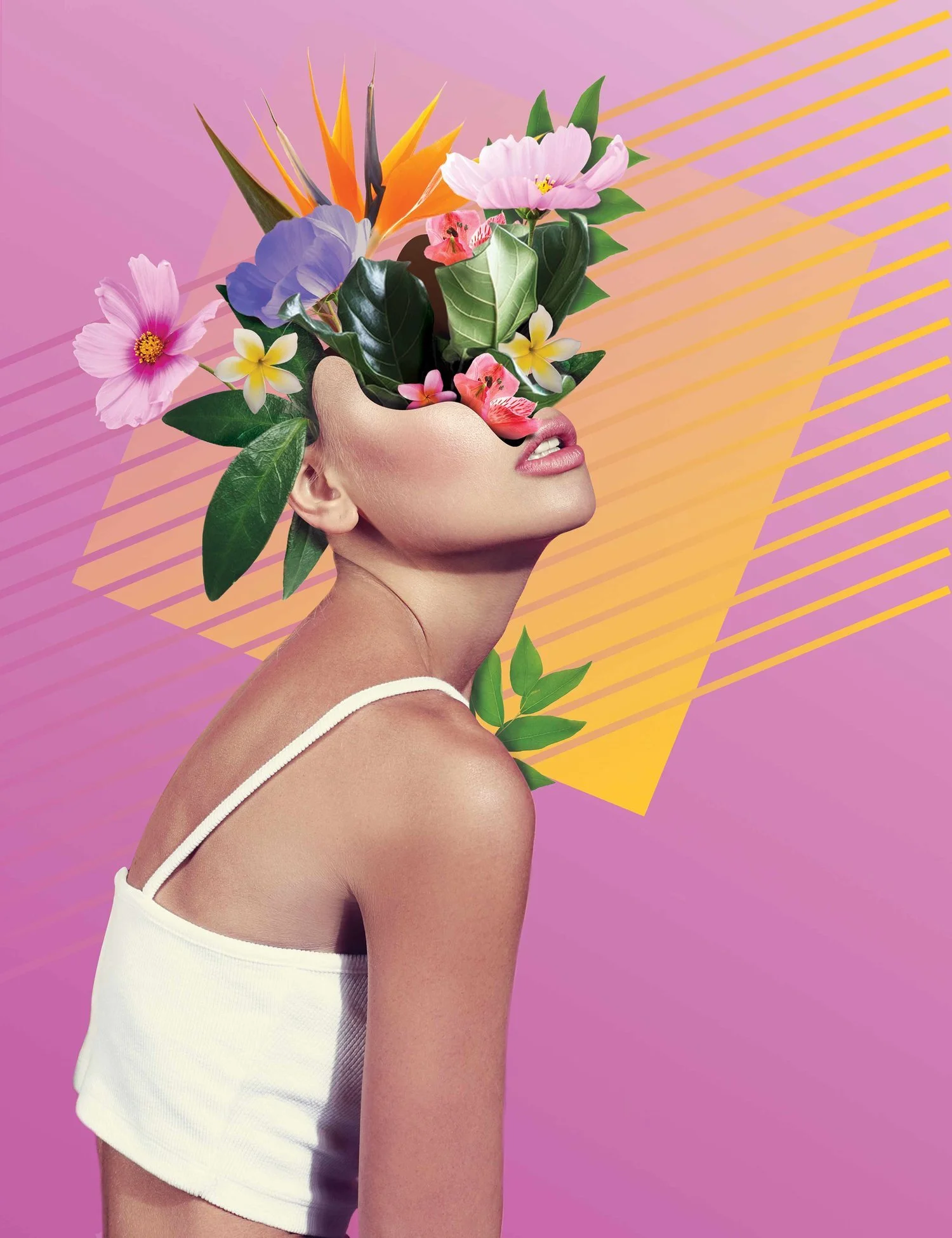 A woman with a floral arrangement covering her face and head, set against a pink background with yellow diagonal lines. She is wearing a white top with thin straps.