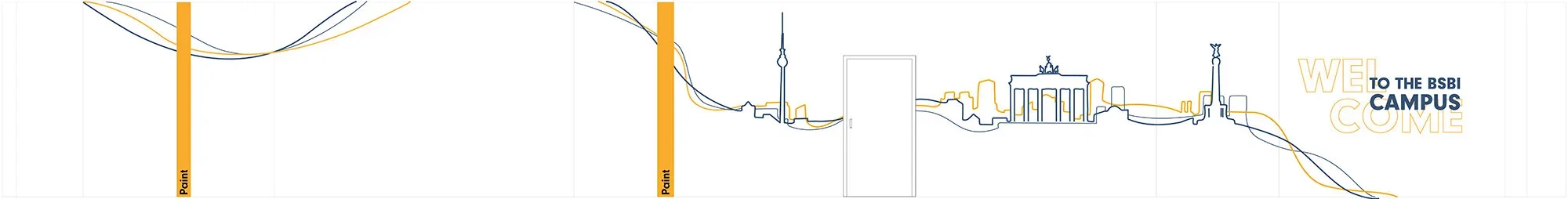 Line drawing skyline of a city, including the Berlin TV Tower, Brandenburg Gate, and other buildings, with the text 'Welcome to the BSBI Campus' and vertical orange bars labeled 'Paint'.