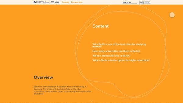Webpage screenshot with orange background, titled 'Content', listing questions about studying abroad in Berlin, and an 'Overview' section explaining Berlin as a top study destination.