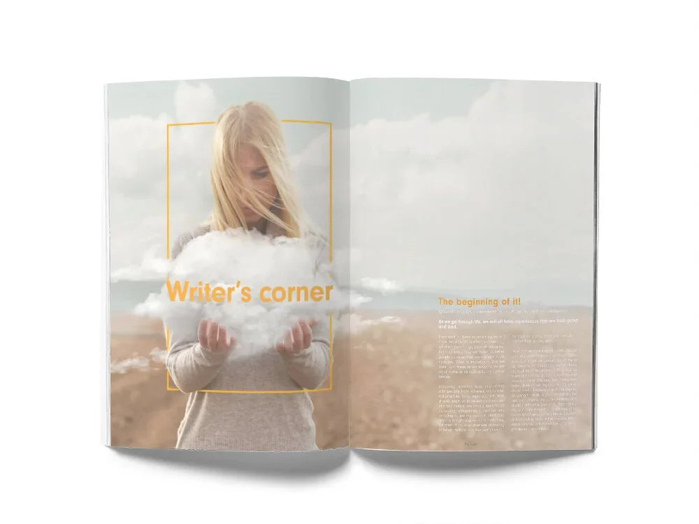 Open magazine displaying a photo of a woman with blonde hair holding a cloud, with the title "Writer's corner" in orange text on the left page and a paragraph titled "The beginning of it!" on the right page.