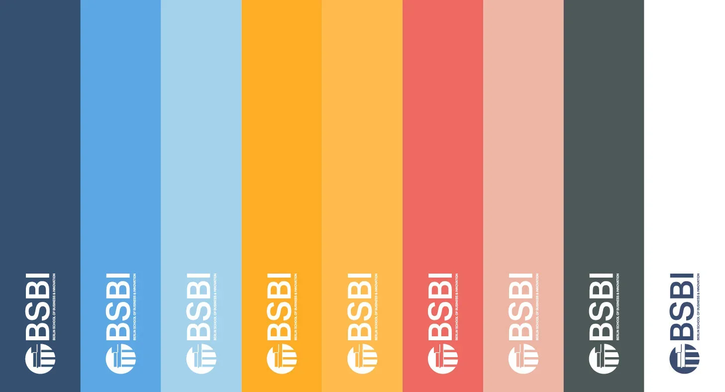 A series of colored folders or binders labeled 'BSSB' with the full text 'Benilde School of Business and Bouldin' underneath each label. The folders are arranged in a row with colors from left to right: dark blue, light blue, very light blue, yellow-orange, yellow, coral red, light pink, dark gray, and navy blue.