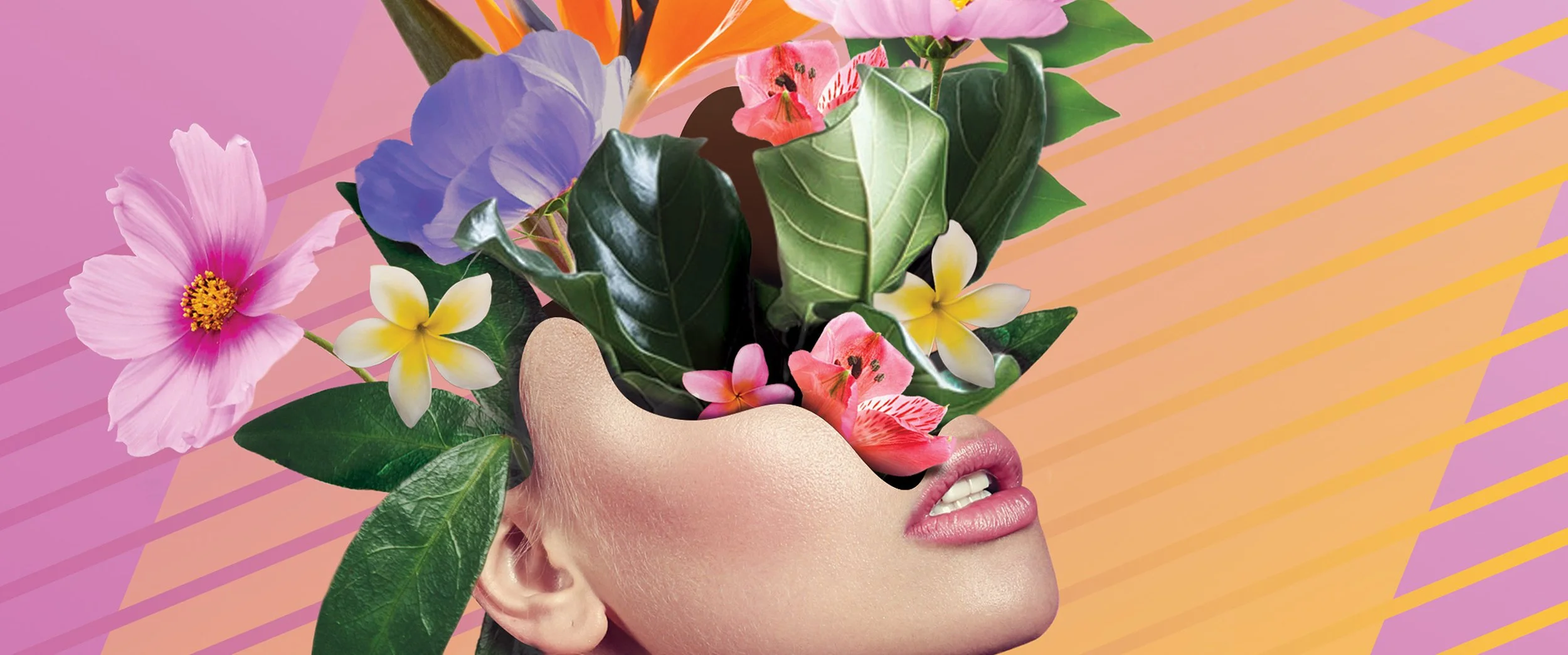 Artwork of a woman's face with her eyes closed, her head tilted back, and flowers and green leaves emerging from her forehead, against a pink and orange geometric background.