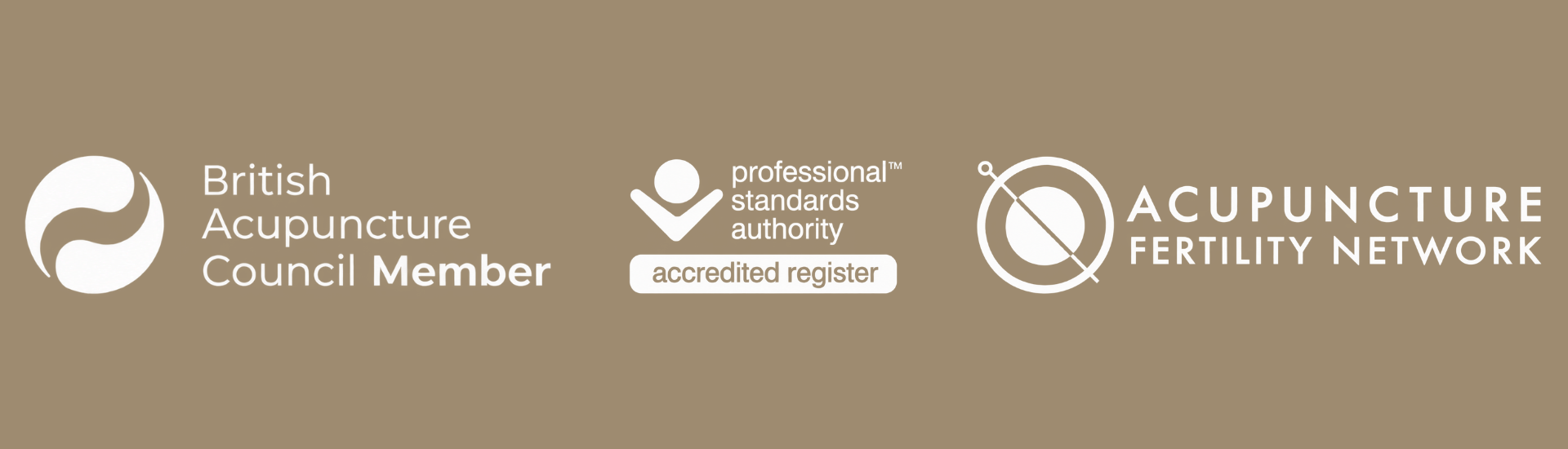 Logos of British Acupuncture Council, professional standards authority, and acupuncture fertility network on a brown background.