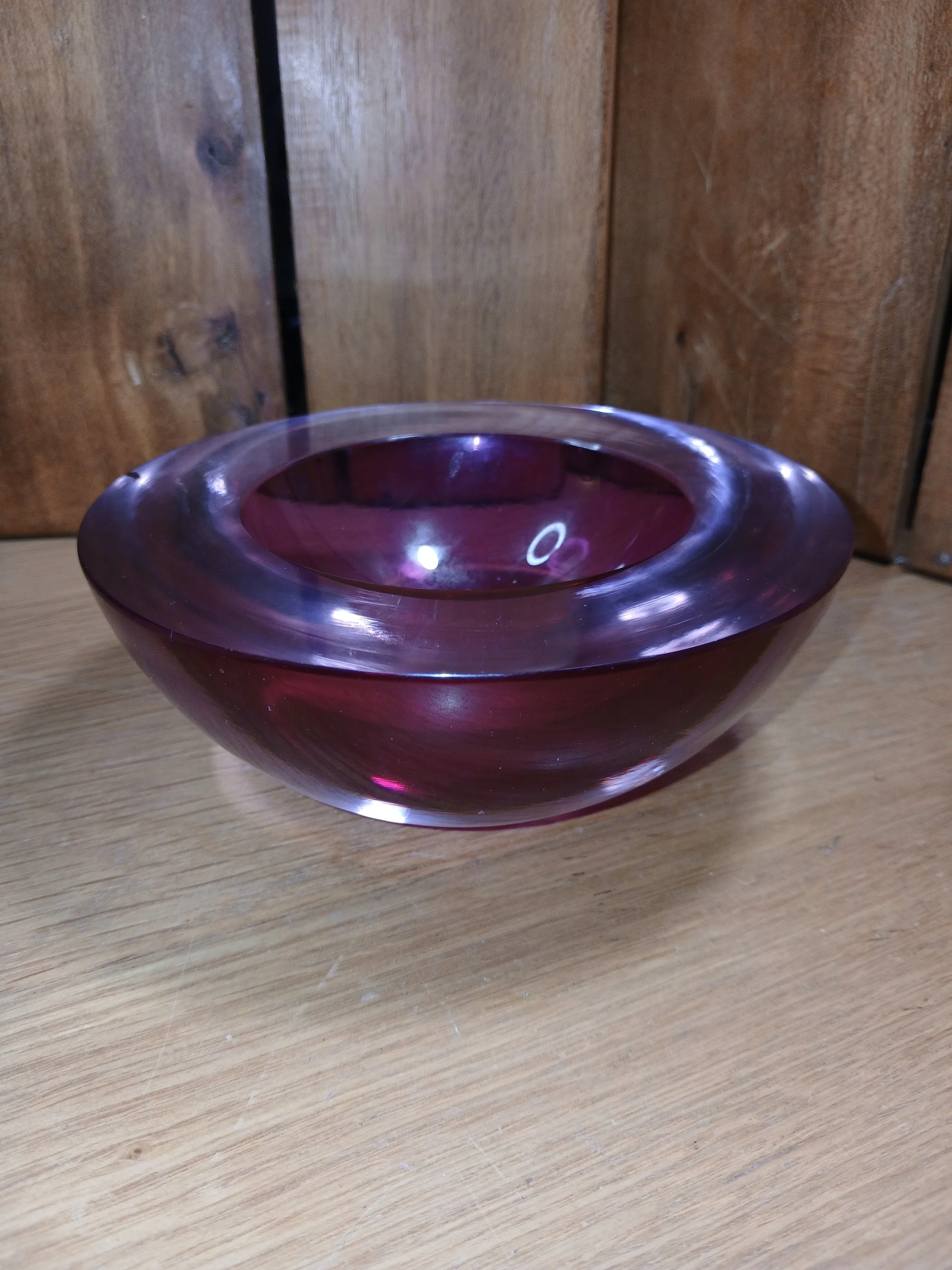Vintage Murano Sommerso Art Glass Bowl With Wide Rim Glossy Finish Deep Pink