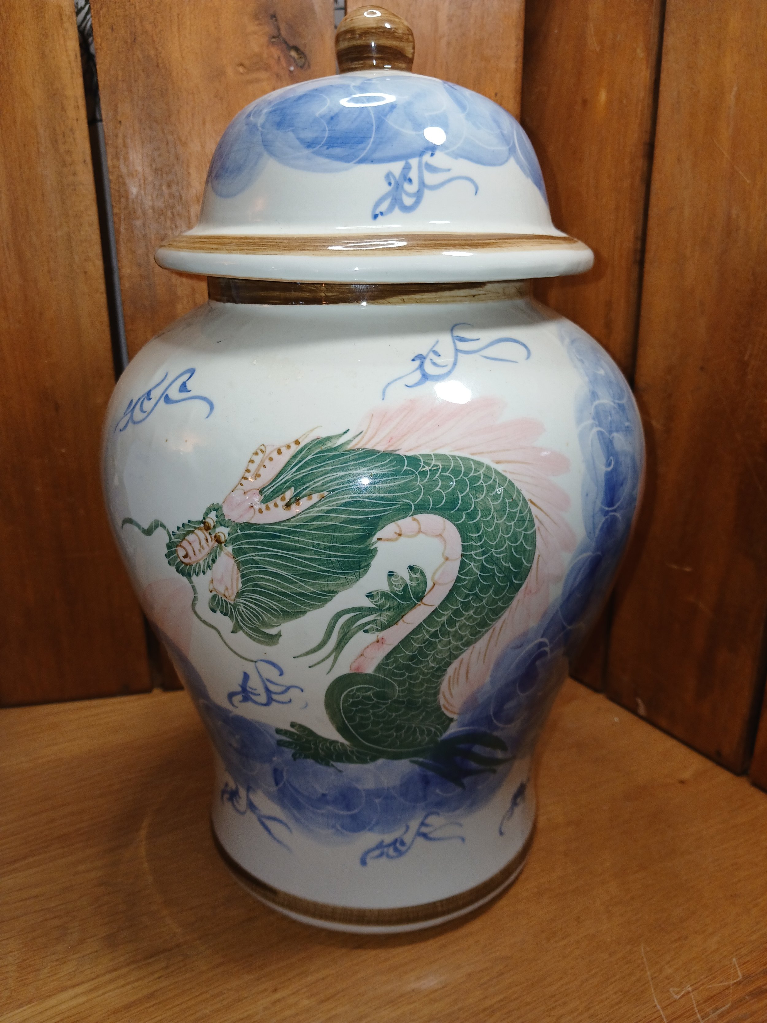 Large Ceramic Glossy Lidded Ginger Jar White Blue Green Pink Dragon Design