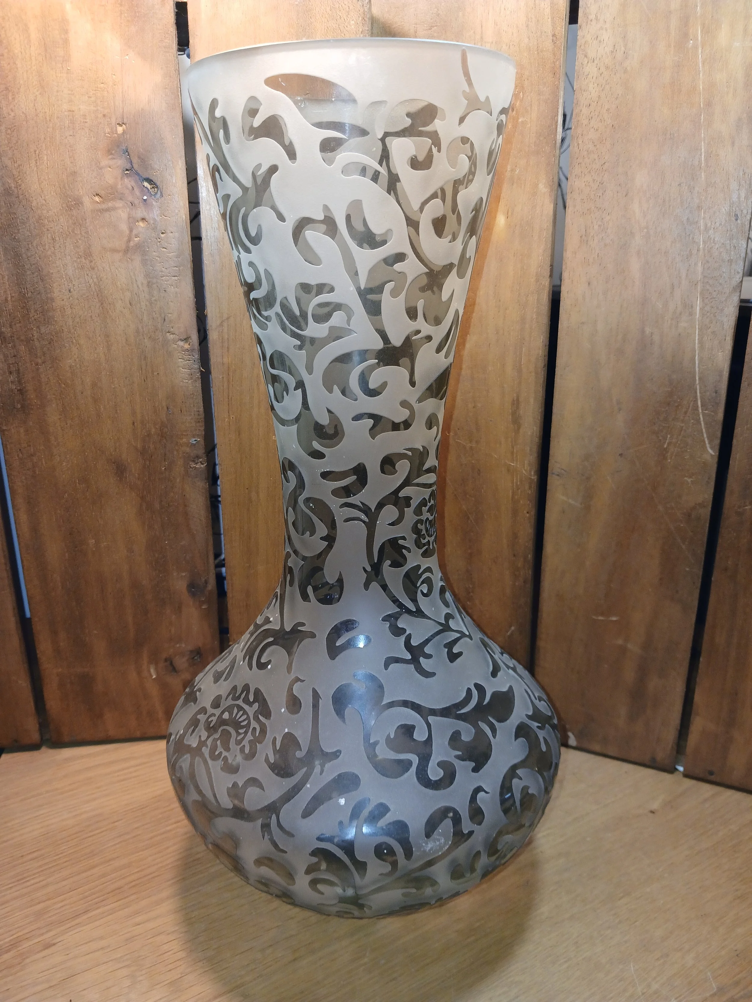 Large Frosted Glass Vase With An Etched Scrolling Vine Pattern