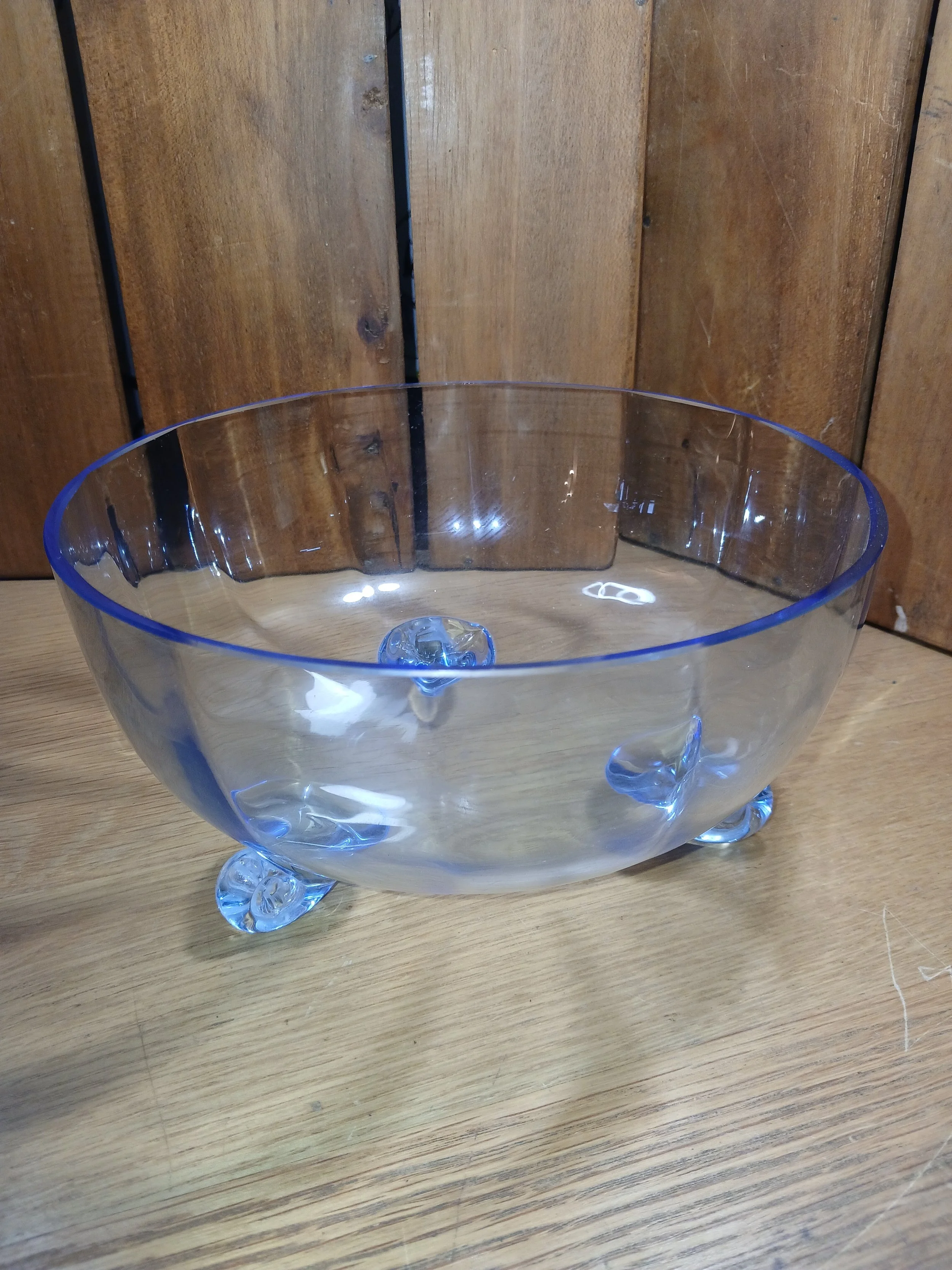 Clear & Ice Blue Glass Round Shell Footed Bowl with Blue Rim