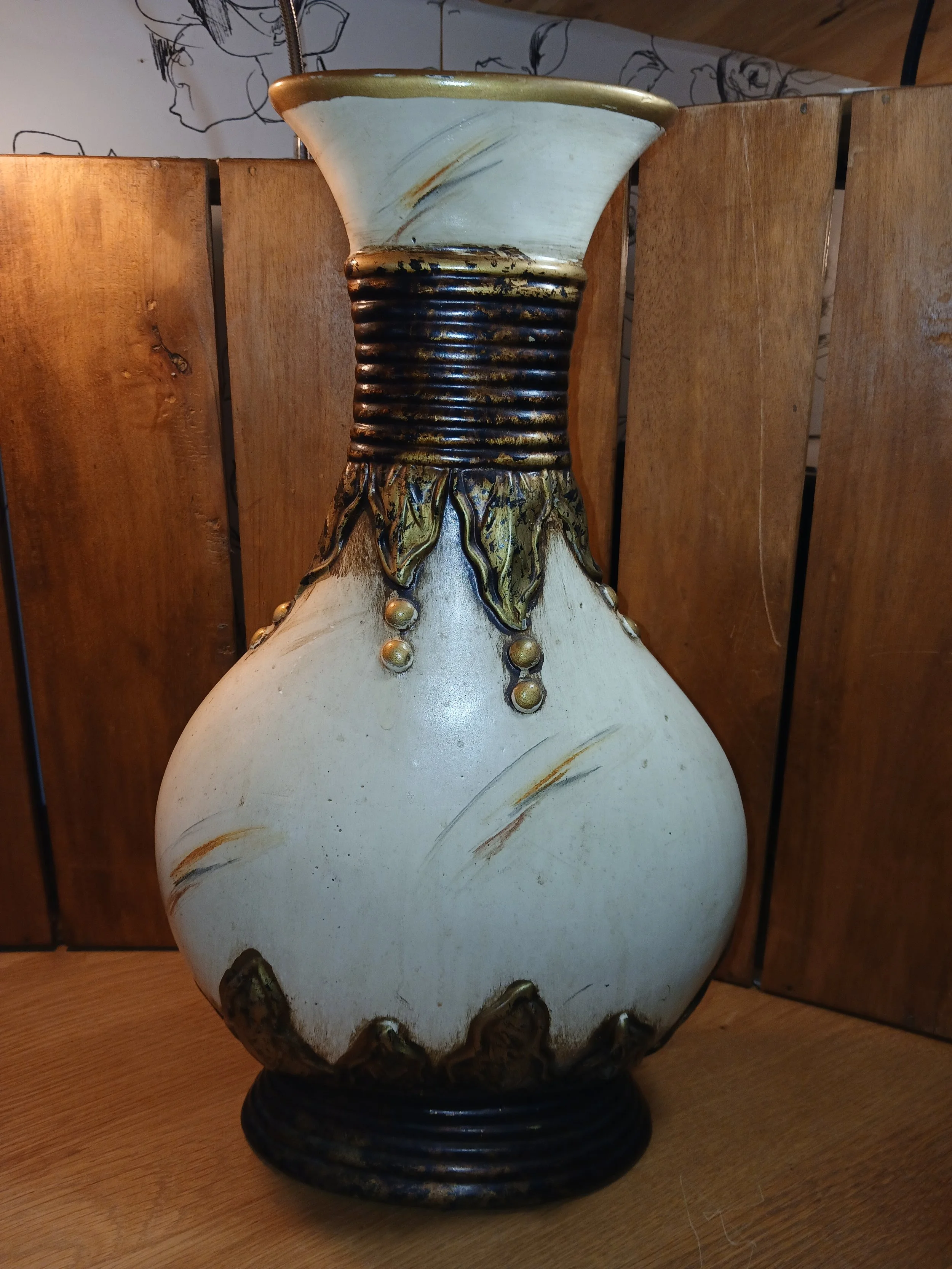 Large Beige Ceramic Floral Bottle Vase Black & Gold Glossy Art Deco Style