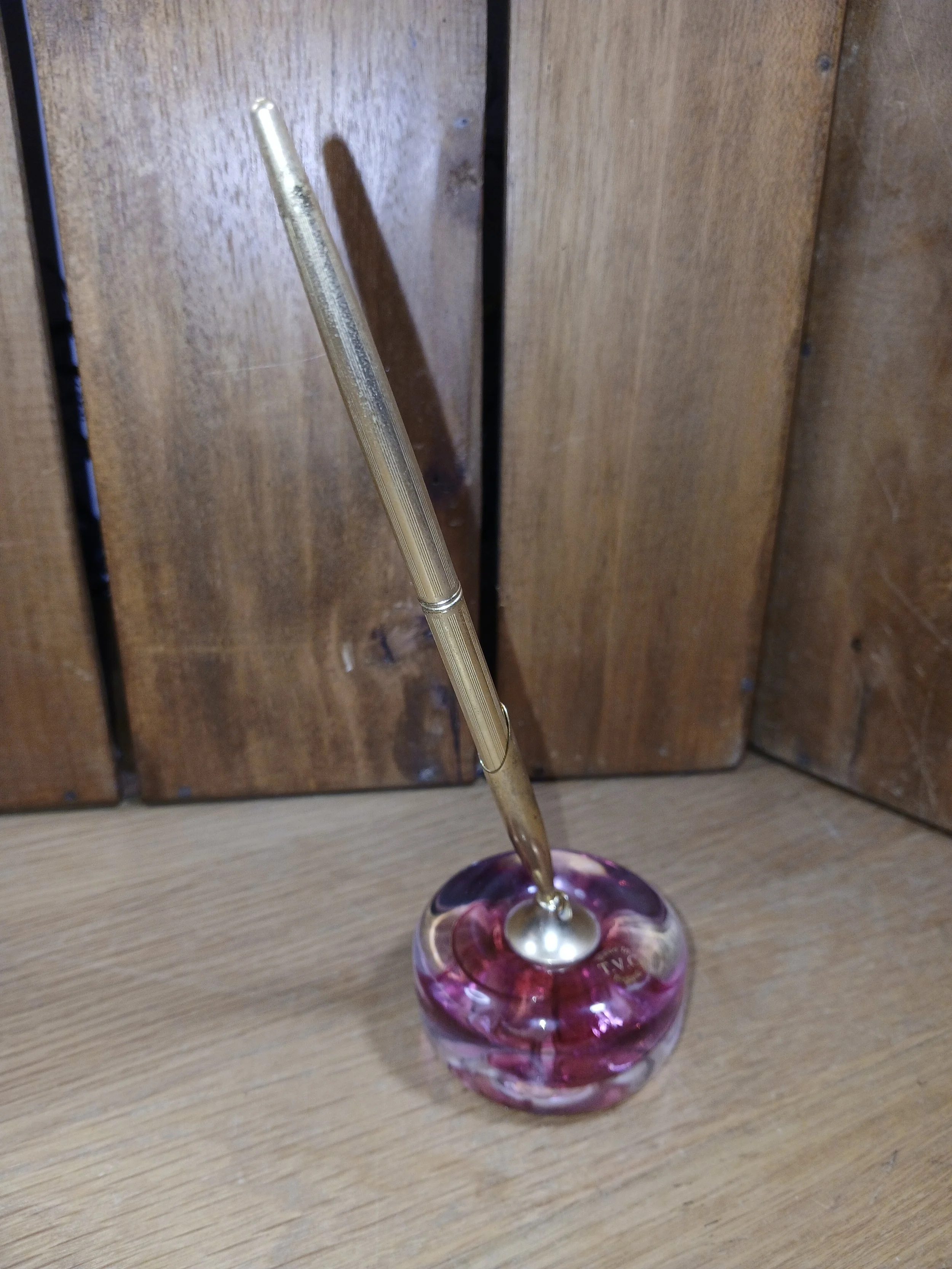 TVG Vintage Desk Pen Glass Stand with Purple Glass Base Desktop Writing Pen