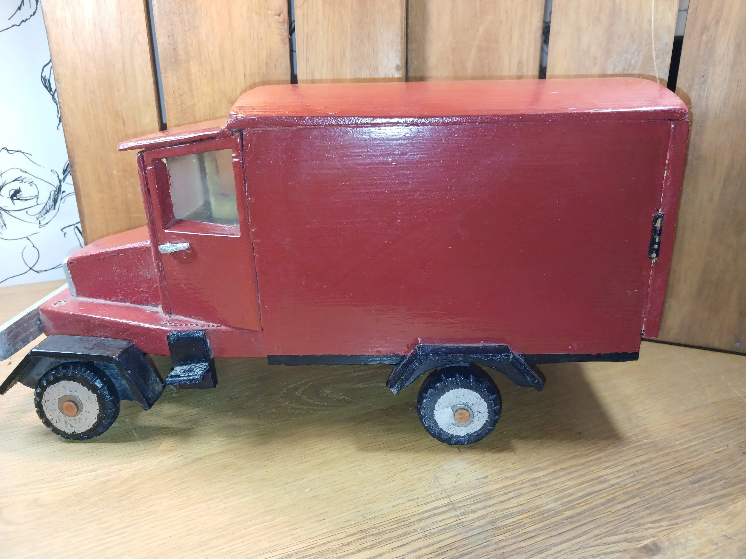 Vintage Hand Made Red Wooden Van Toy With Opening Back Doors