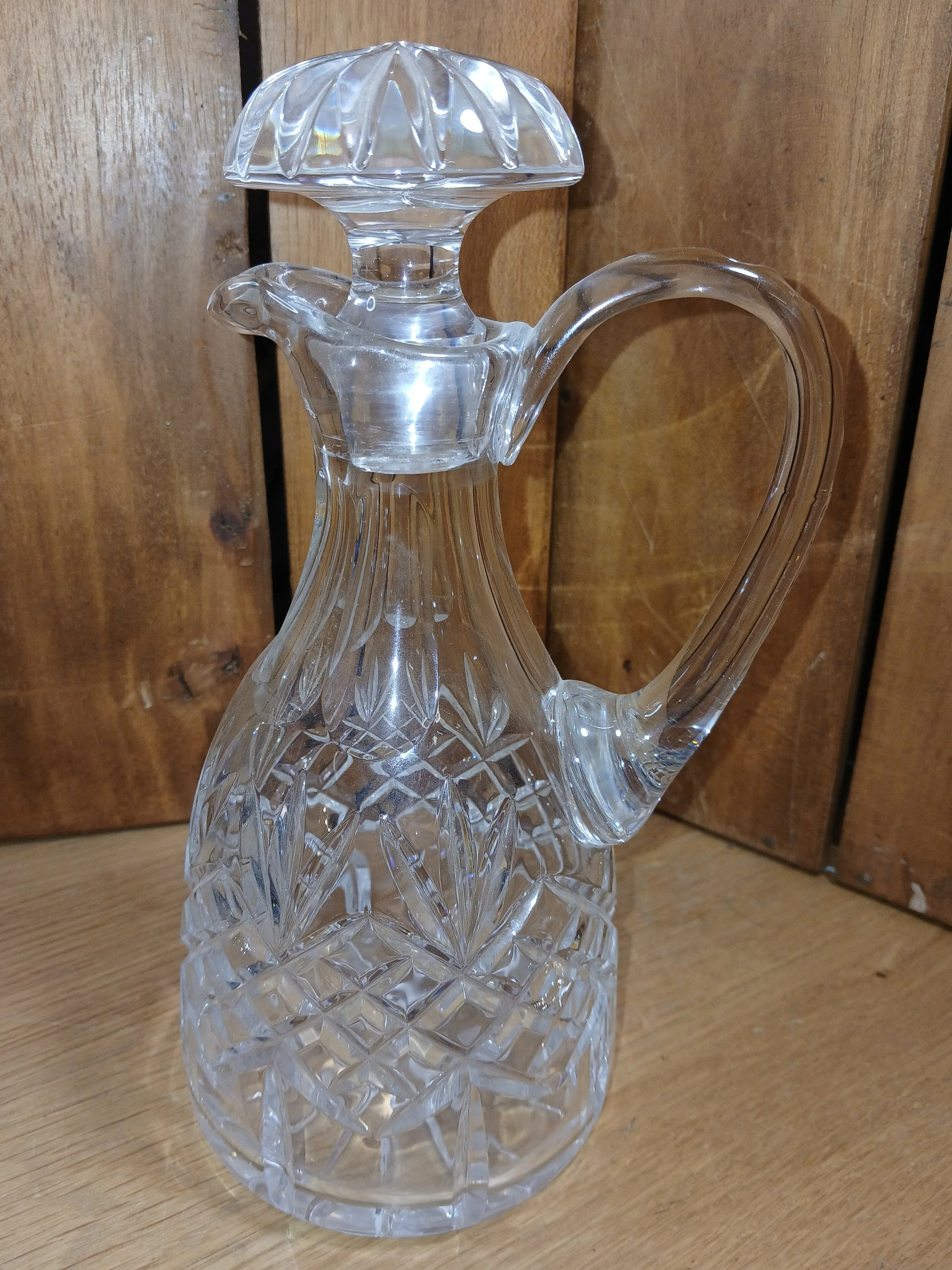 Unmarked Clear Cut Glass Decanter With Handle & Stopper, Barware Jug