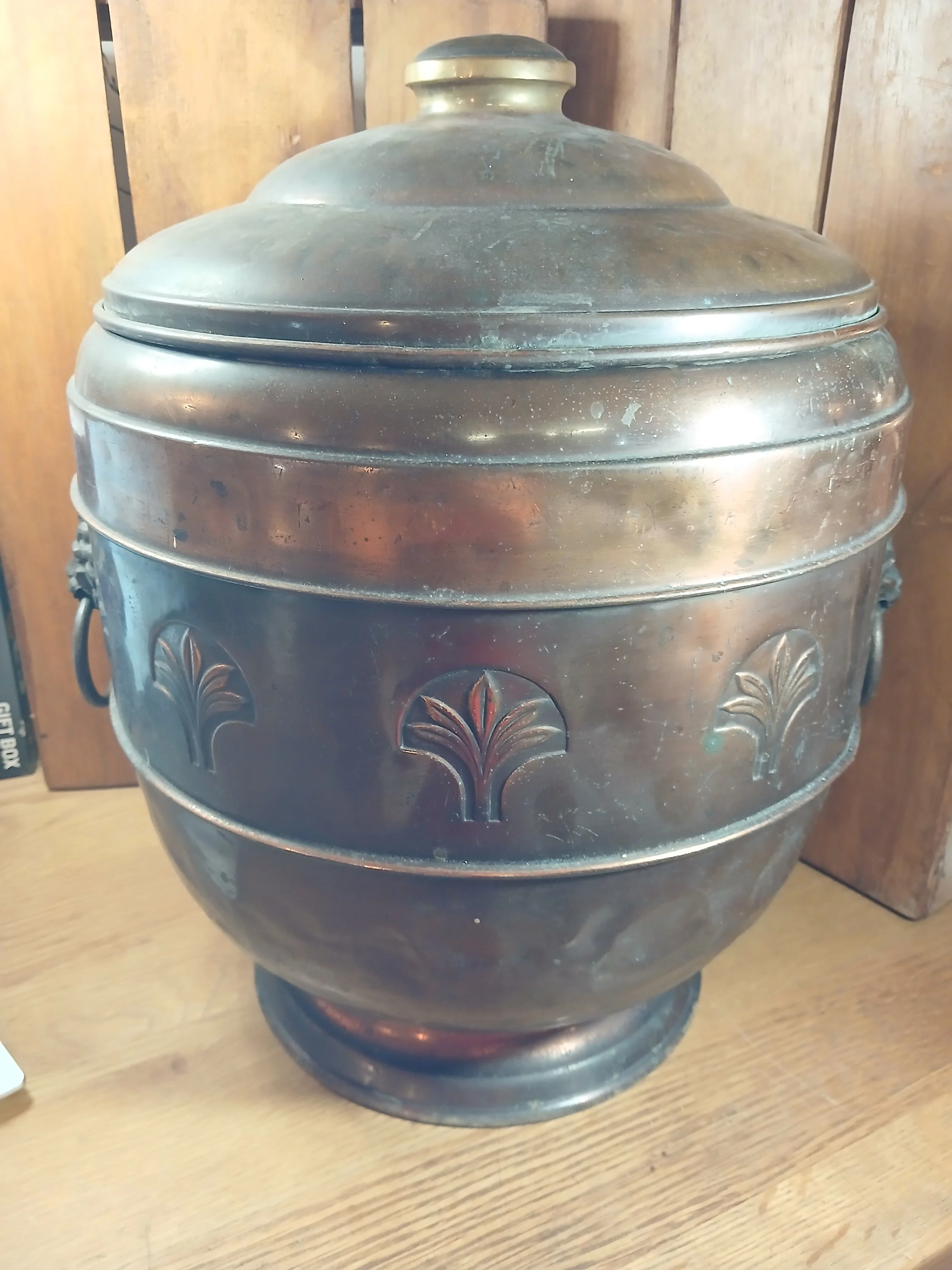 Large Copper & Brass Fireside Coal Bucket With Lid And Liner