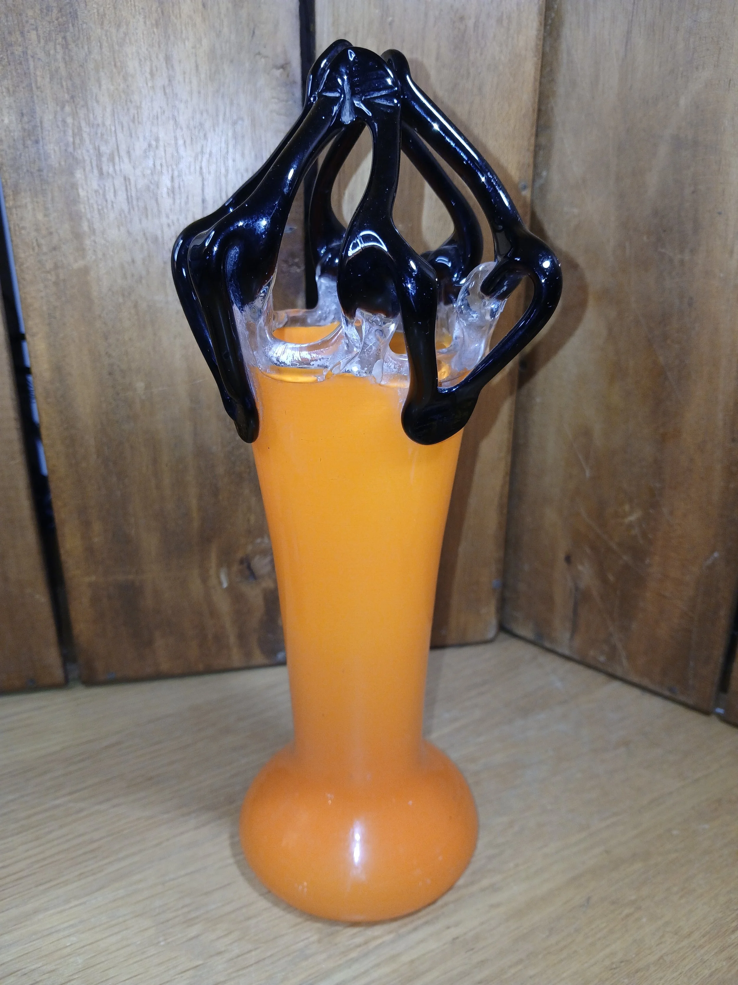 Bohemian Art Glass Vase Orange Black Clear Abstract Pattern Glossy Finish