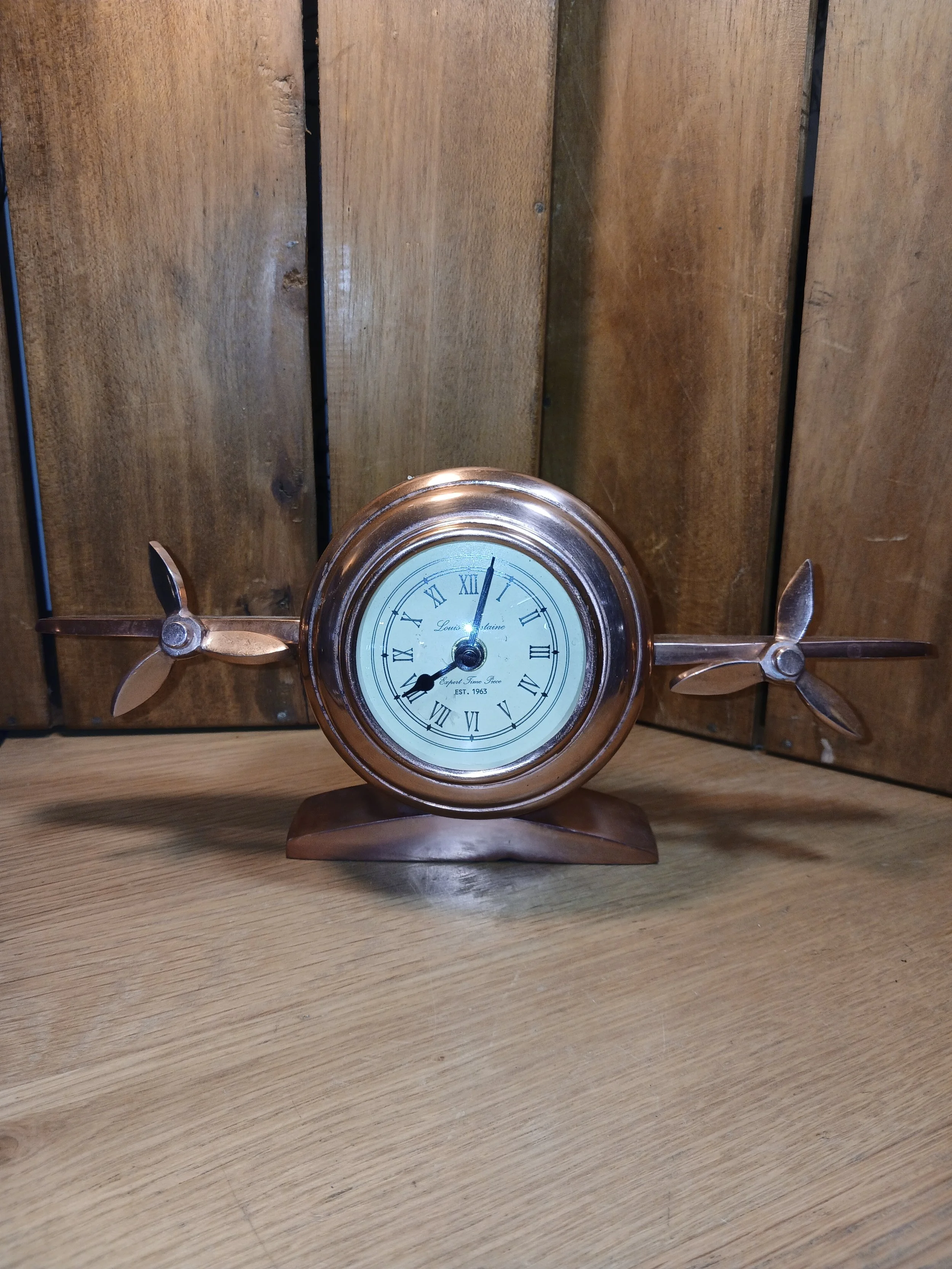 Copper Metal Propeller Desk Clock Analogue Roman Numerals Battery Operated