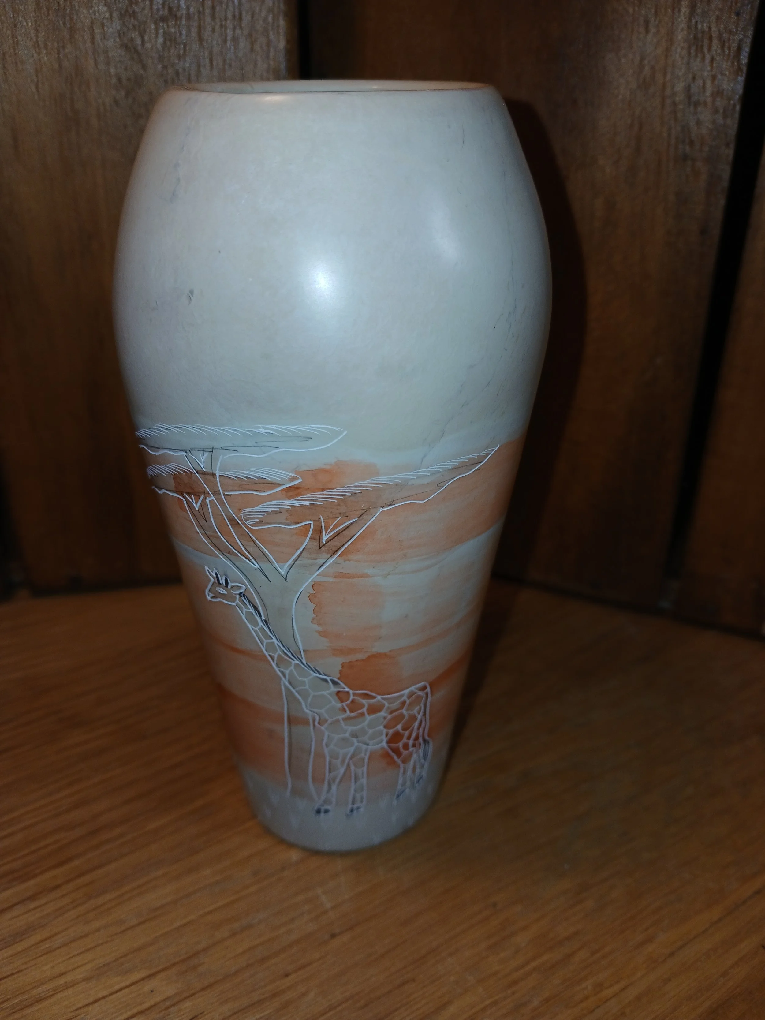 Vintage Hand Carved Soapstone Vase With Giraffe Design Made In Kenya