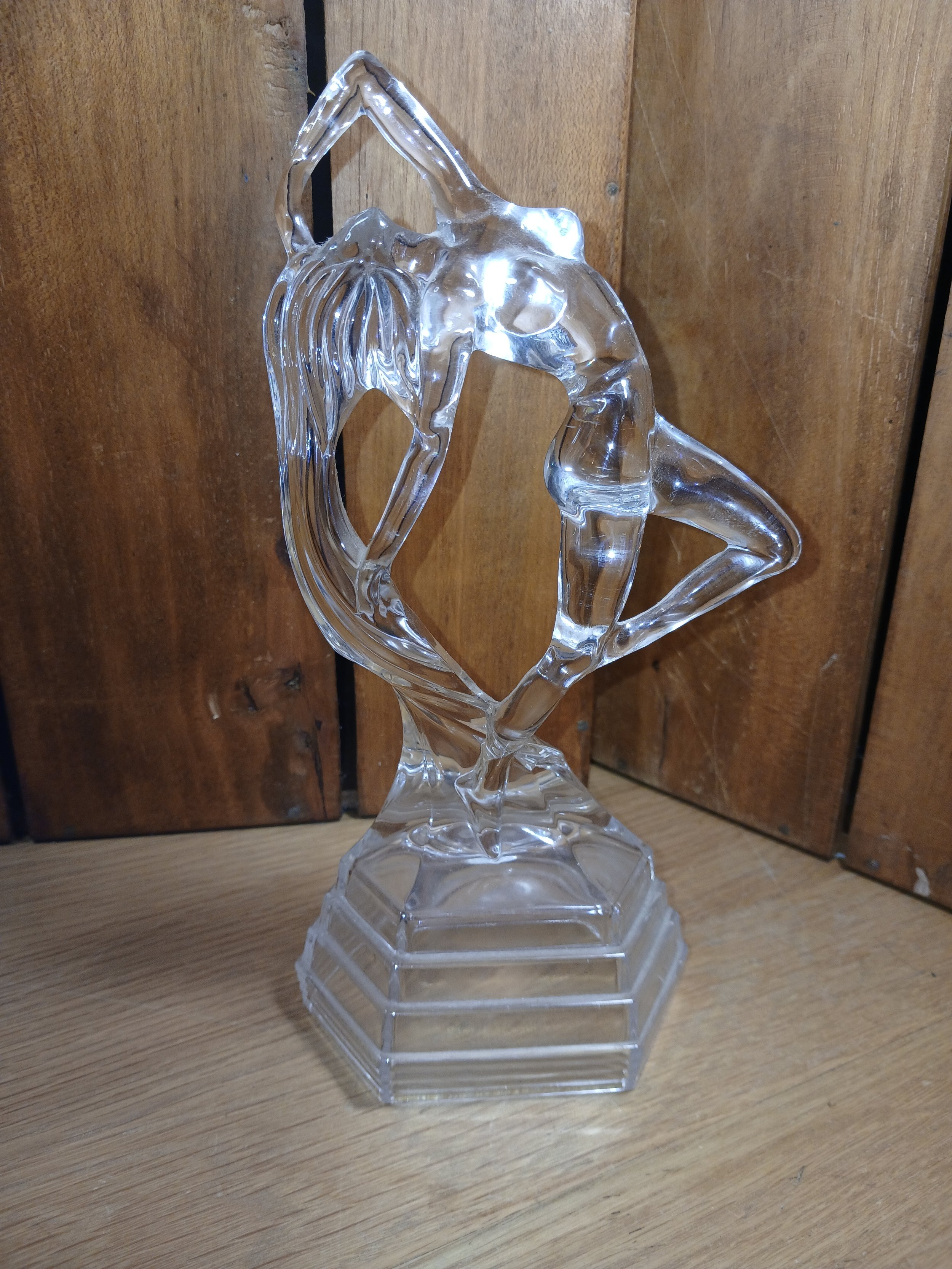 Art Deco Style Clear Glass Female Nude Figurine Sculpture on Tiered Stepped Base