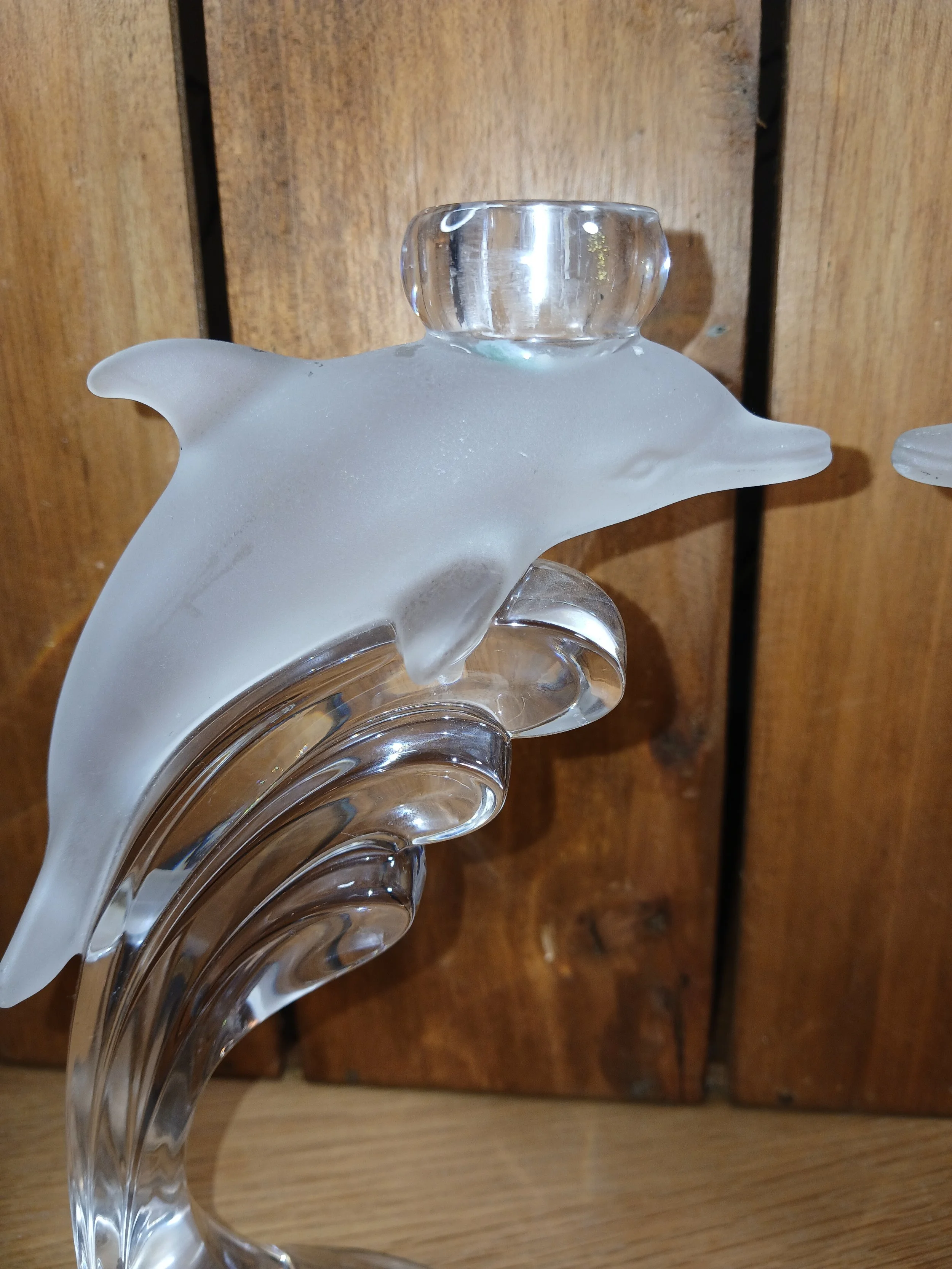 Pair Of Natchmann Glass Dolphin Candle Holders