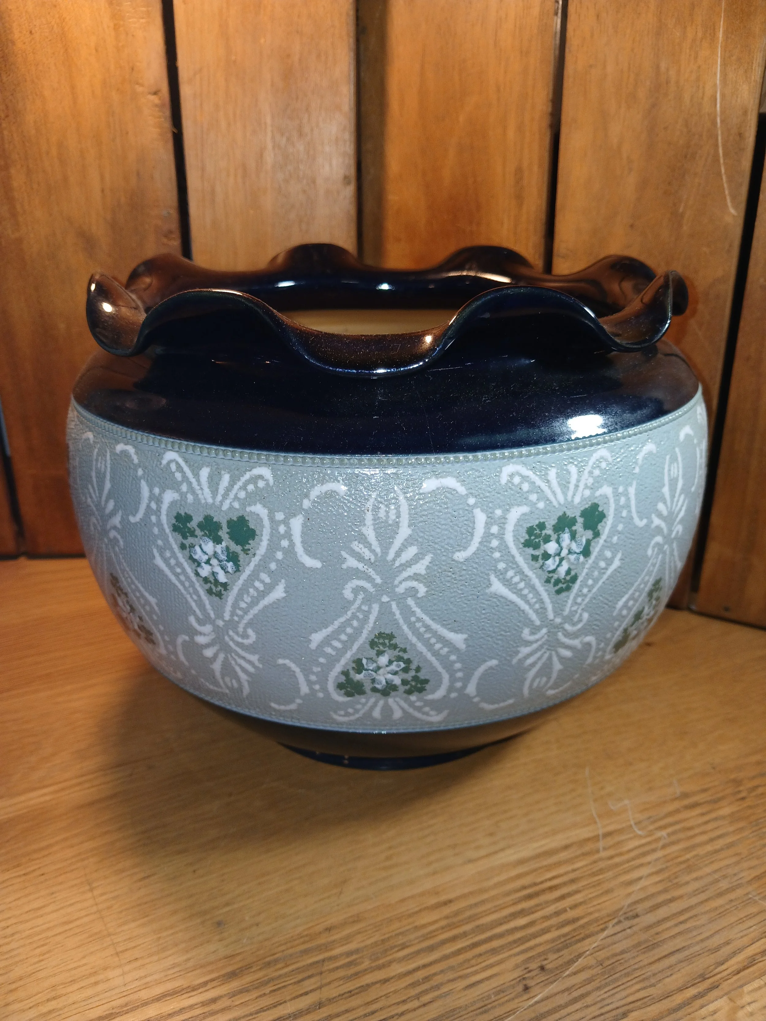 Langley Ware England Ceramic Round Jardiniere Floral Pattern Wavy Dark Blue Rim