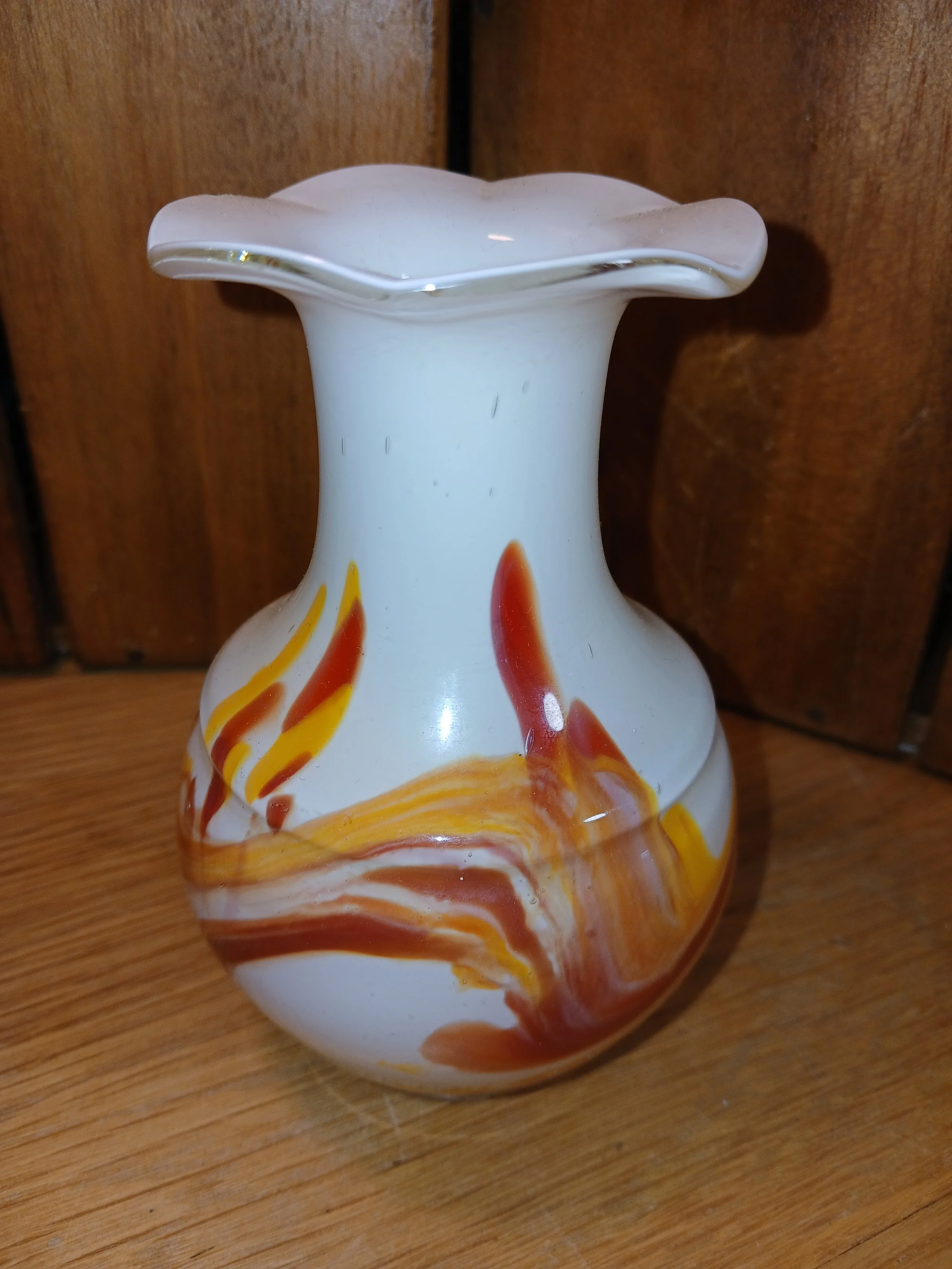 White Art Glass Vase Red Orange Yellow Swirl Pattern Abstract Glossy Finish
