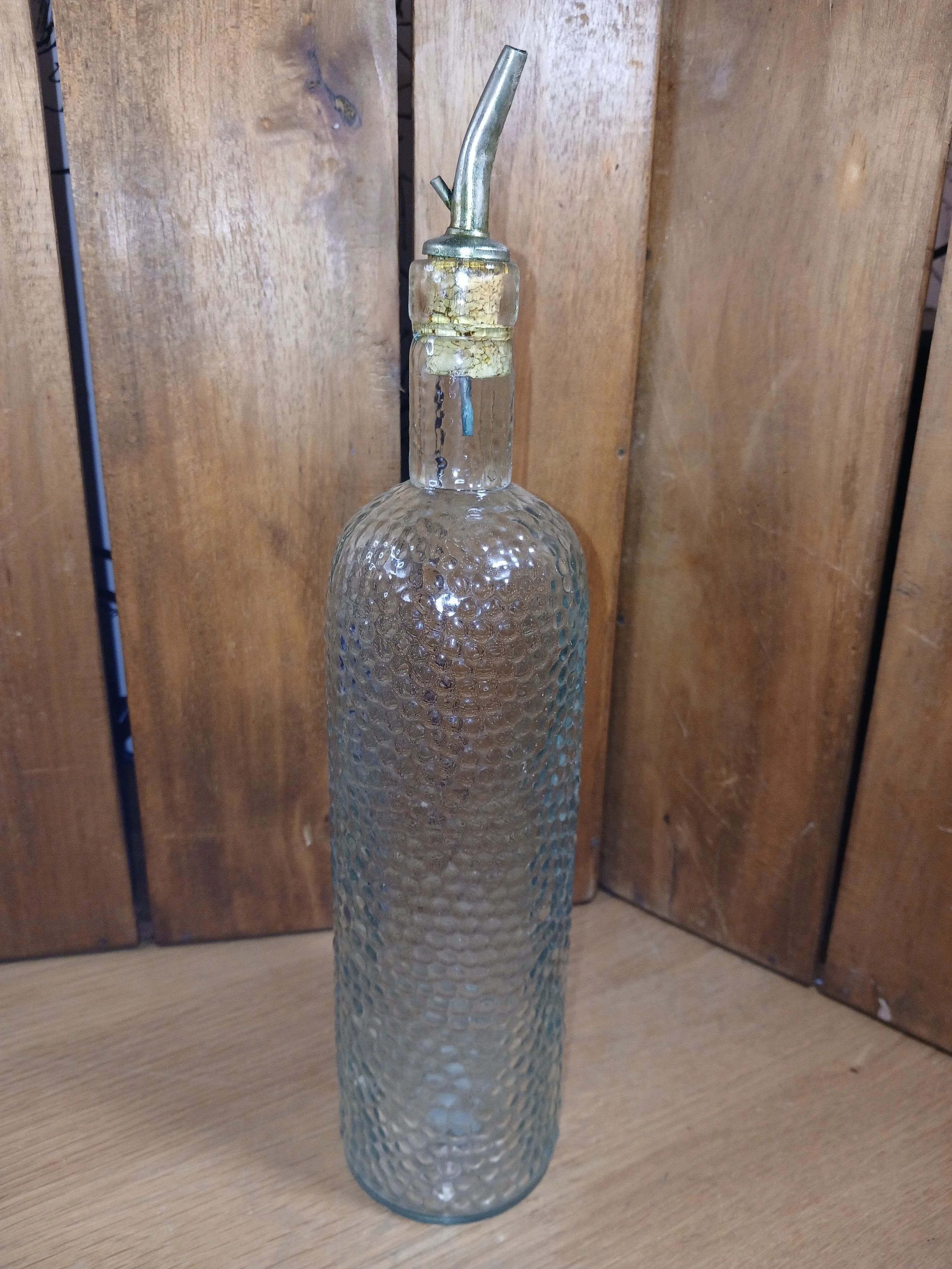 Vintage Clear Dimpled Glass Oil/Vinegar Cruet Bottle with Metal Pourer