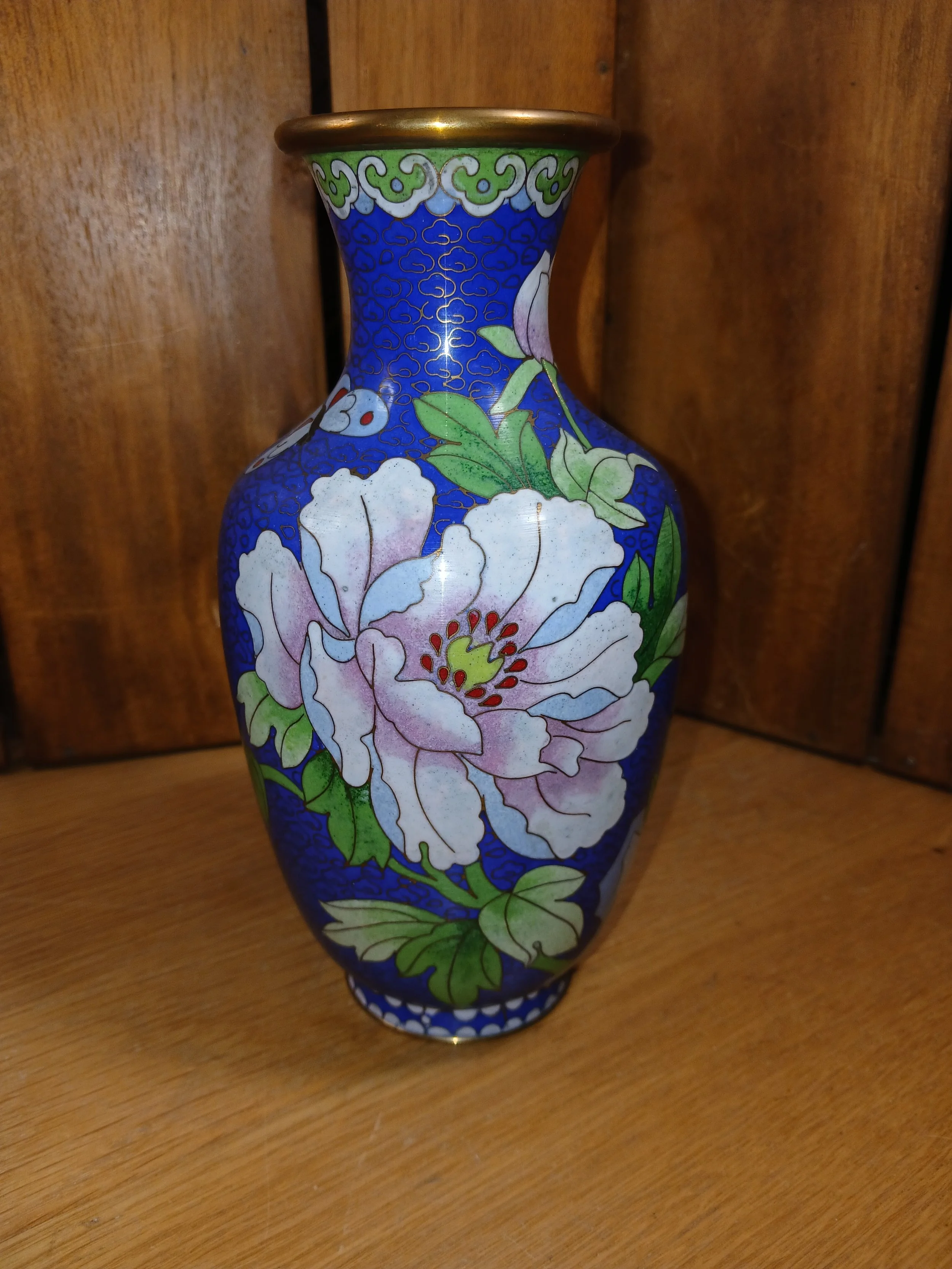 Chinese Metal Blue Cloisonne Style Vase With Floral Design