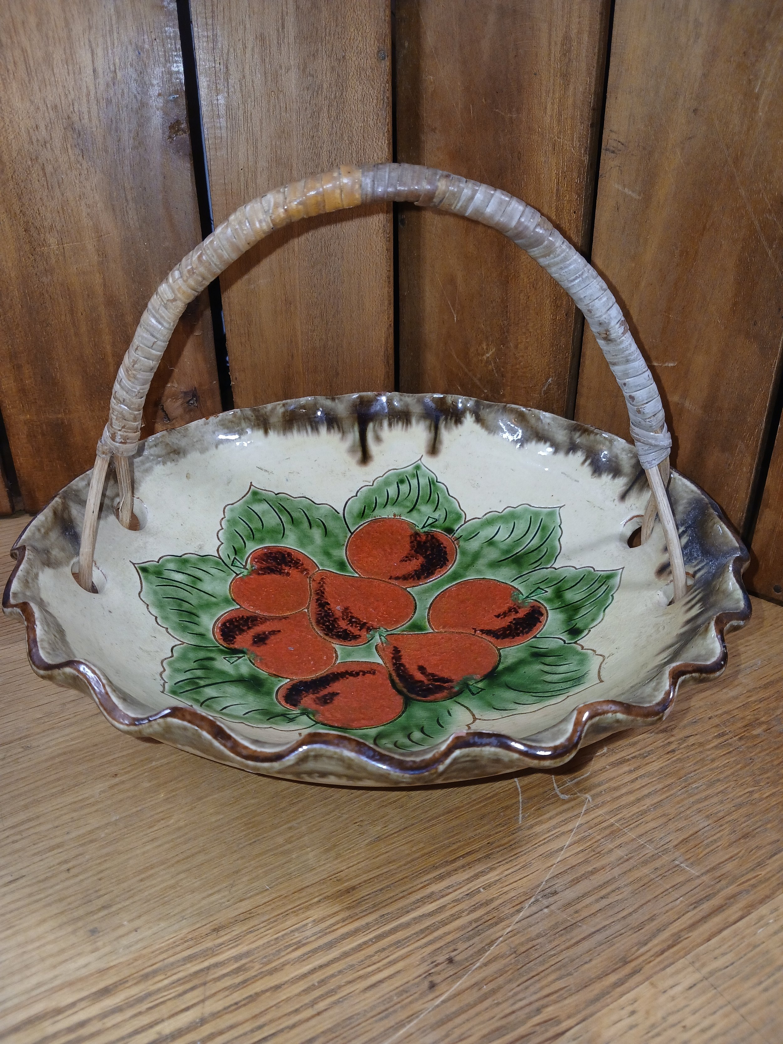 Floral Ceramic Round Bowl with Wicker Handle Glossy Finish Beige Brown