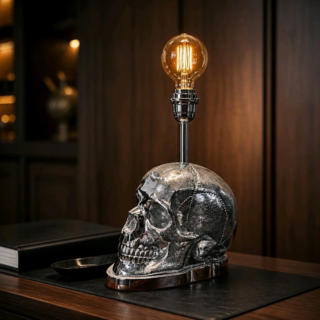 Stunning Silver Metal Large Skull Table Lamp New & Boxed