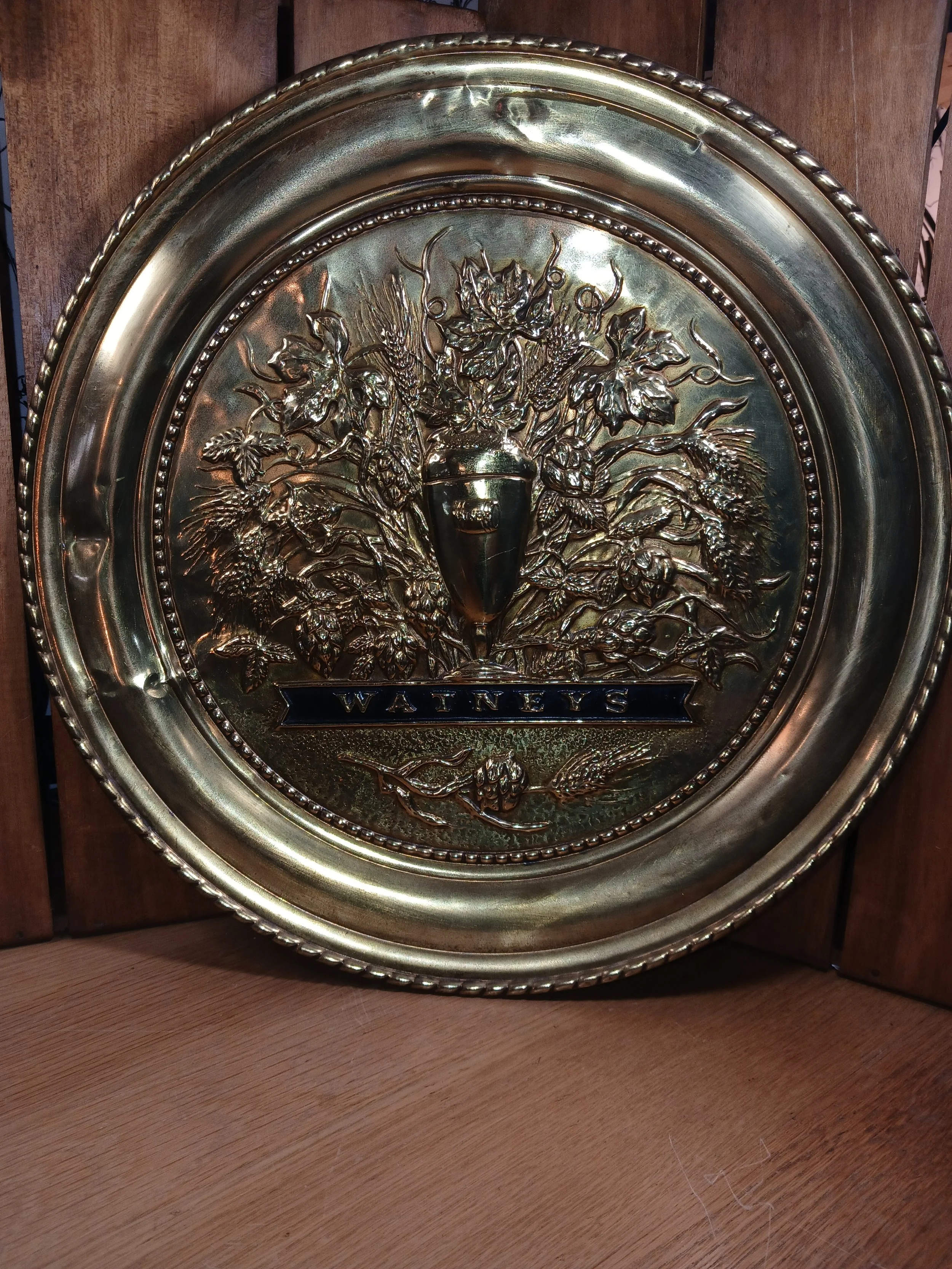 Watneys Brass Decorative Wall Plate/Plaque, Raised Floral Design With Tankard