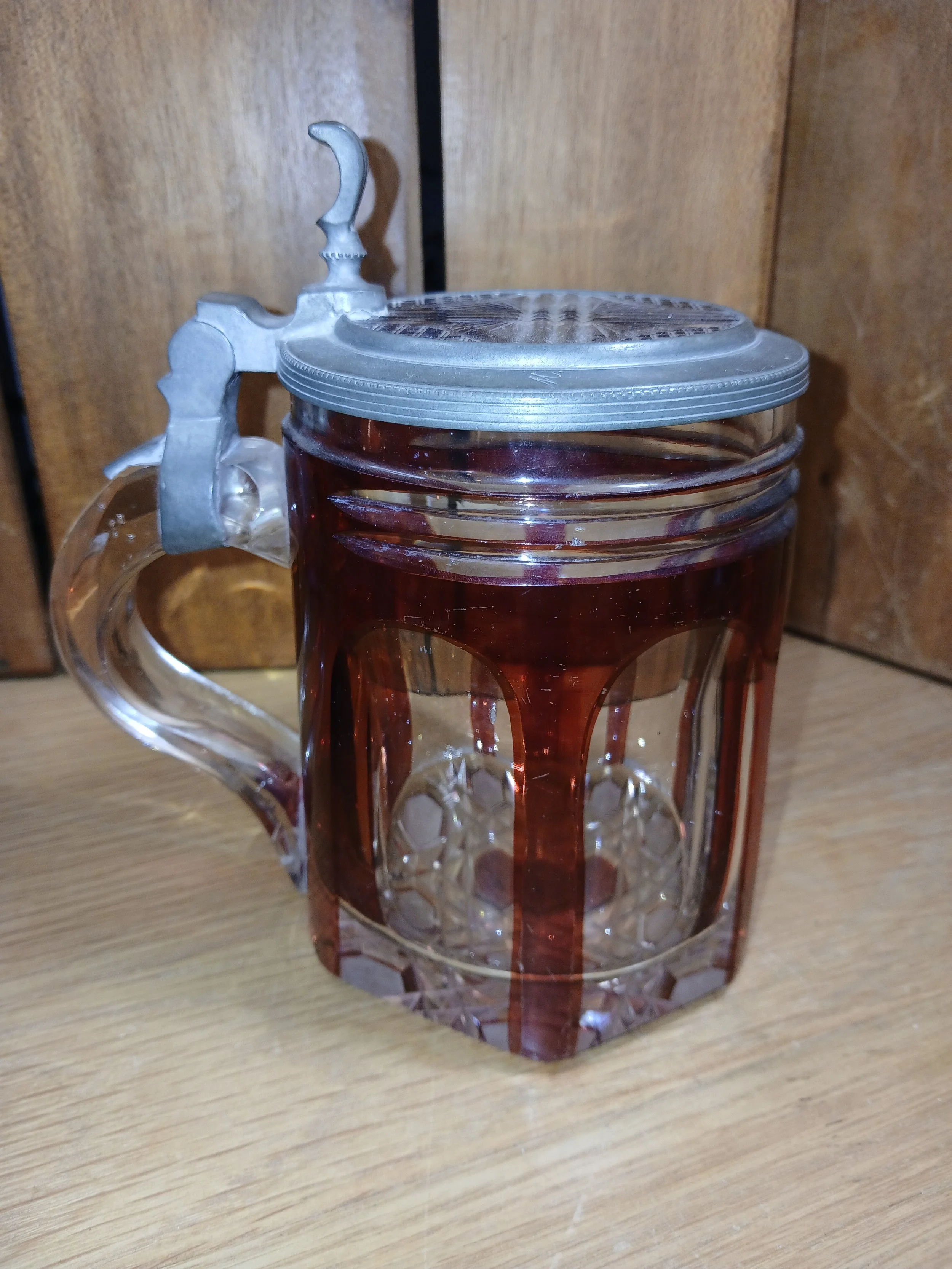 Vintage Cranberry Glass Beer Stein With Decorative Pewter Hinged Lid