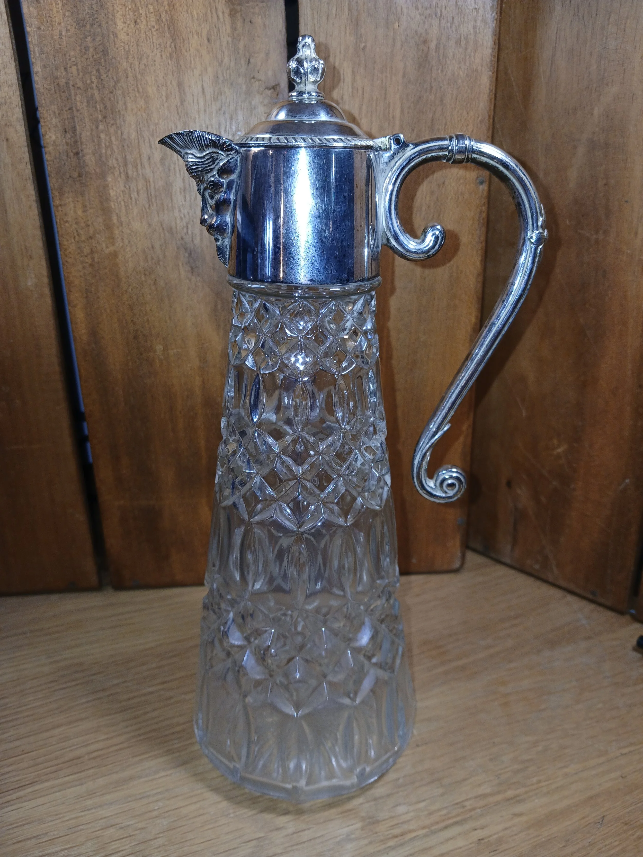 Edwardian Art Nouveau Silver Plate & Cut Glass Claret Jug With Falstaff Spout