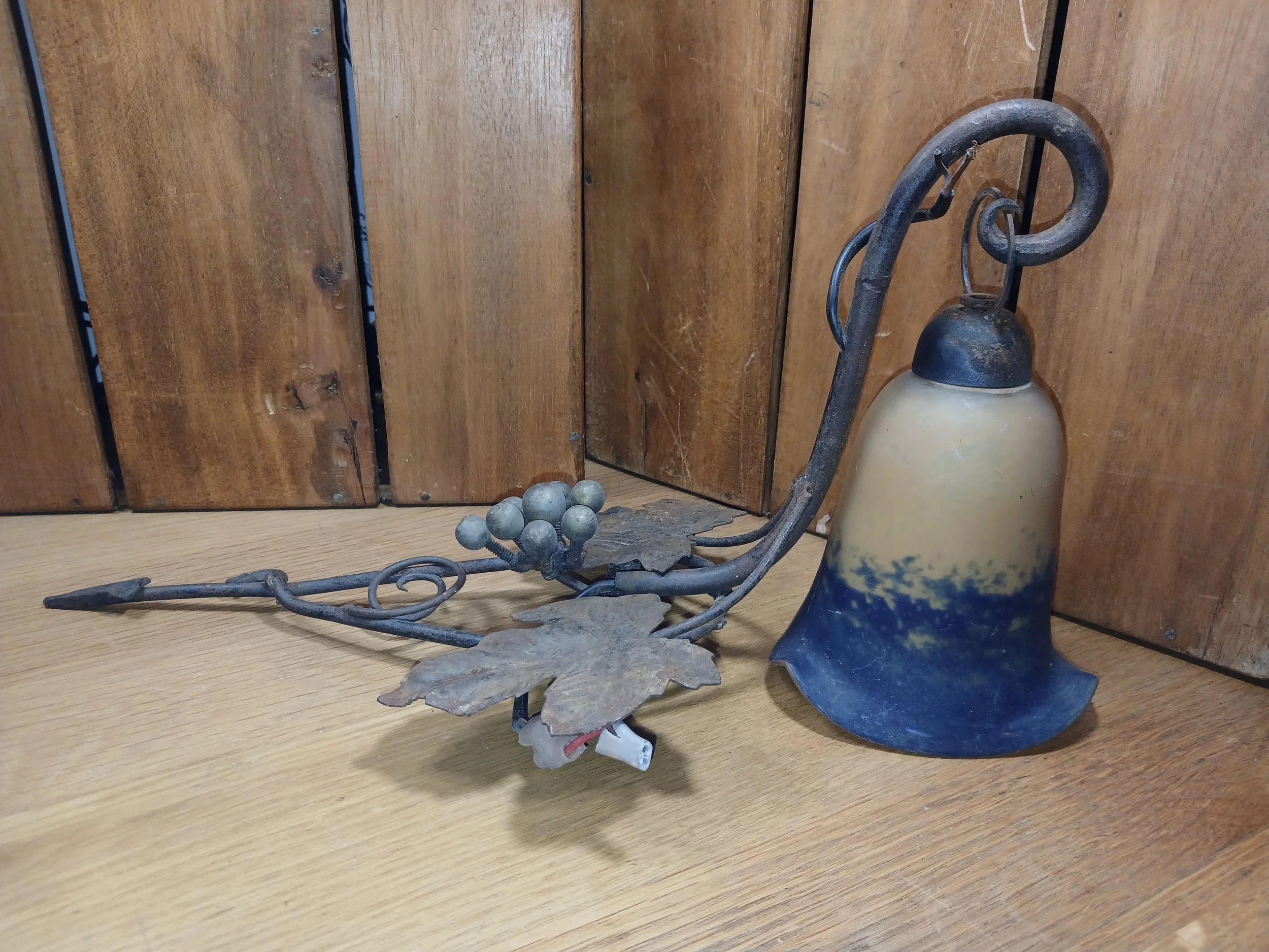 Antique Art Nouveau Wrought Iron Applique Wall Light Glass Paste Bell Shade