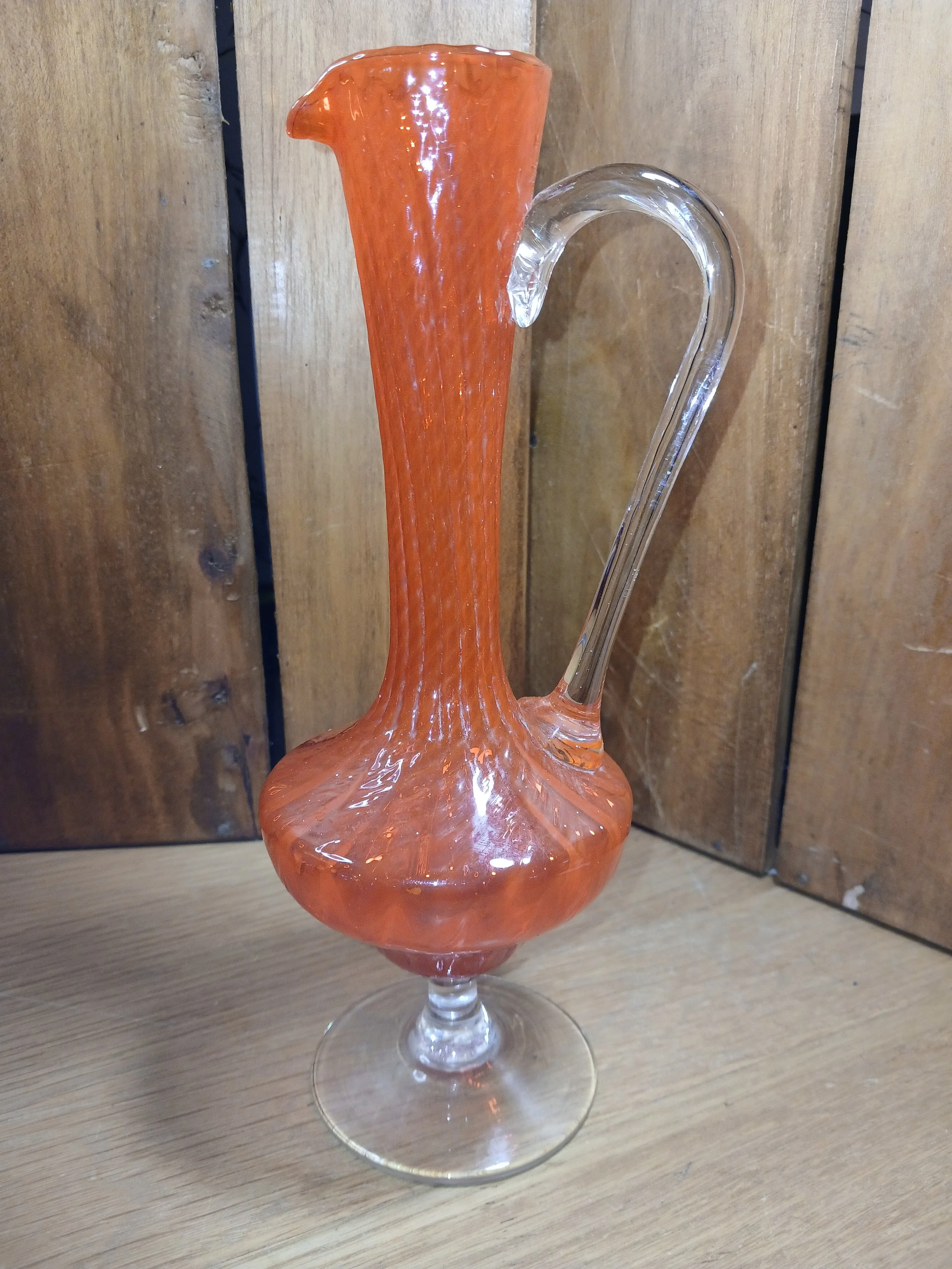 Vintage Orange & Clear Glass Ewer with Handle, Pedestal Base, Glossy Finish