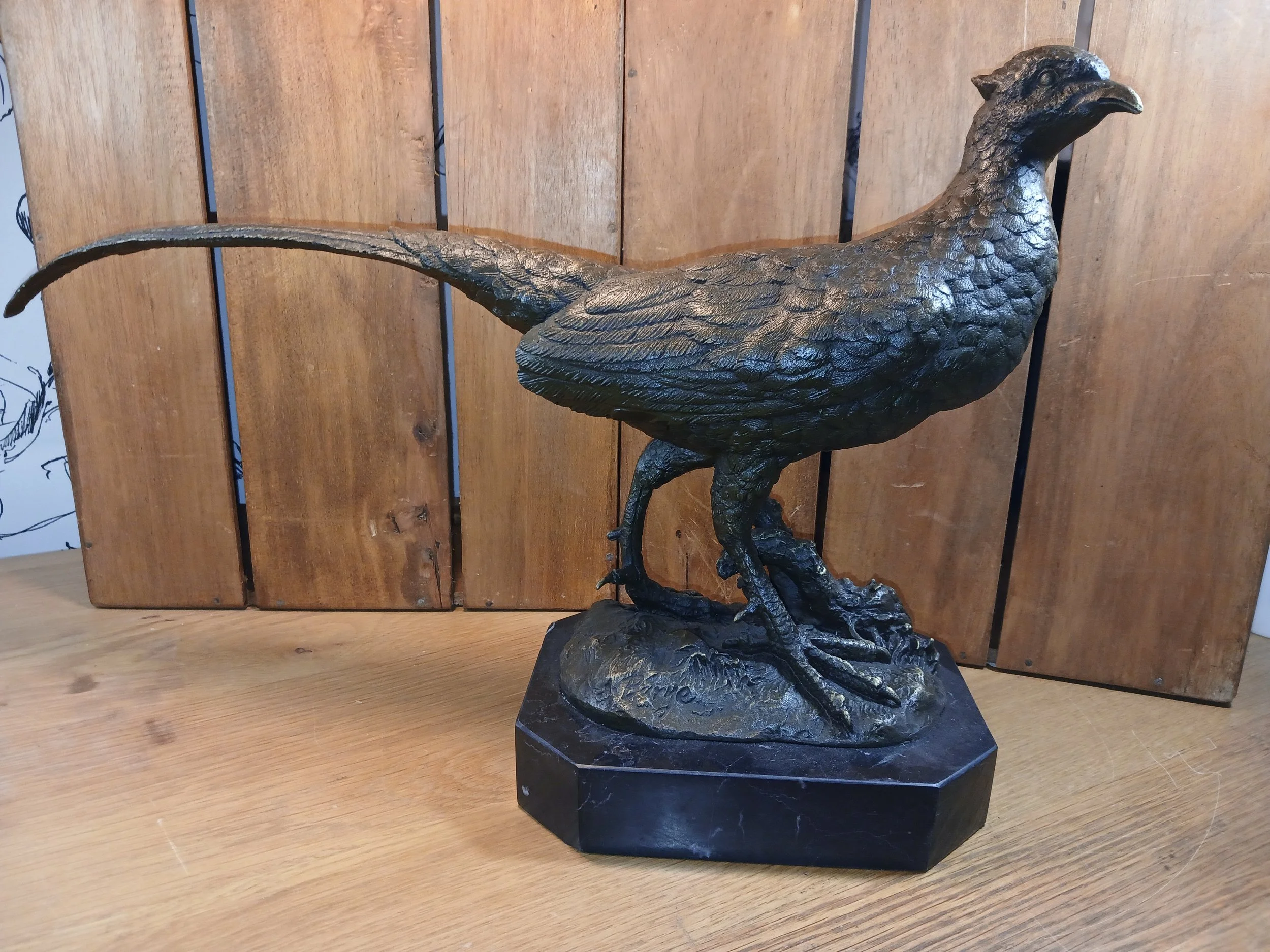 Large Bronze Sculpture Of A Pheasant On Marble Base