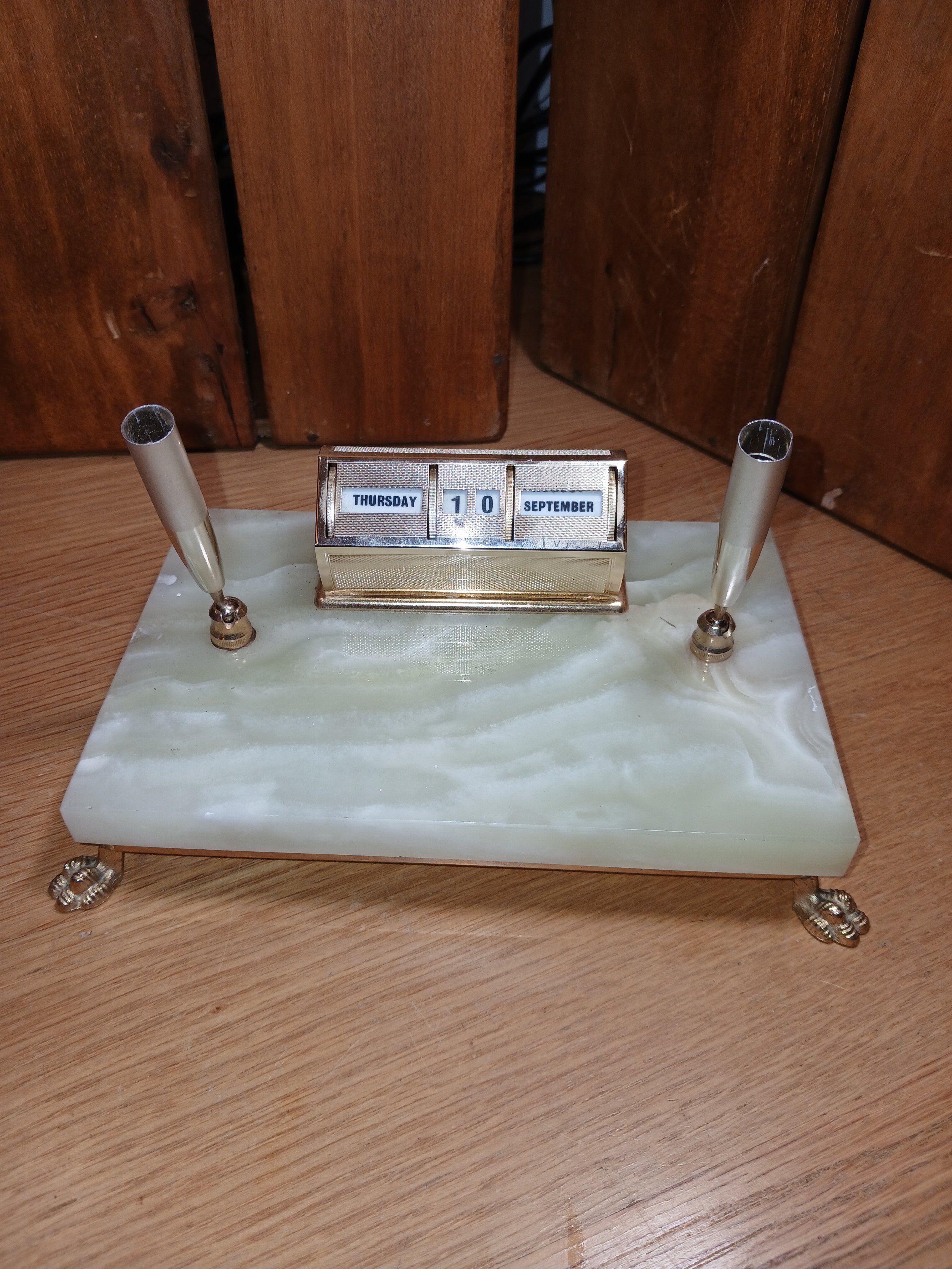 Vintage Marble Desk Set Perpetual Calendar Base with 2 Pen/Pencil Holders
