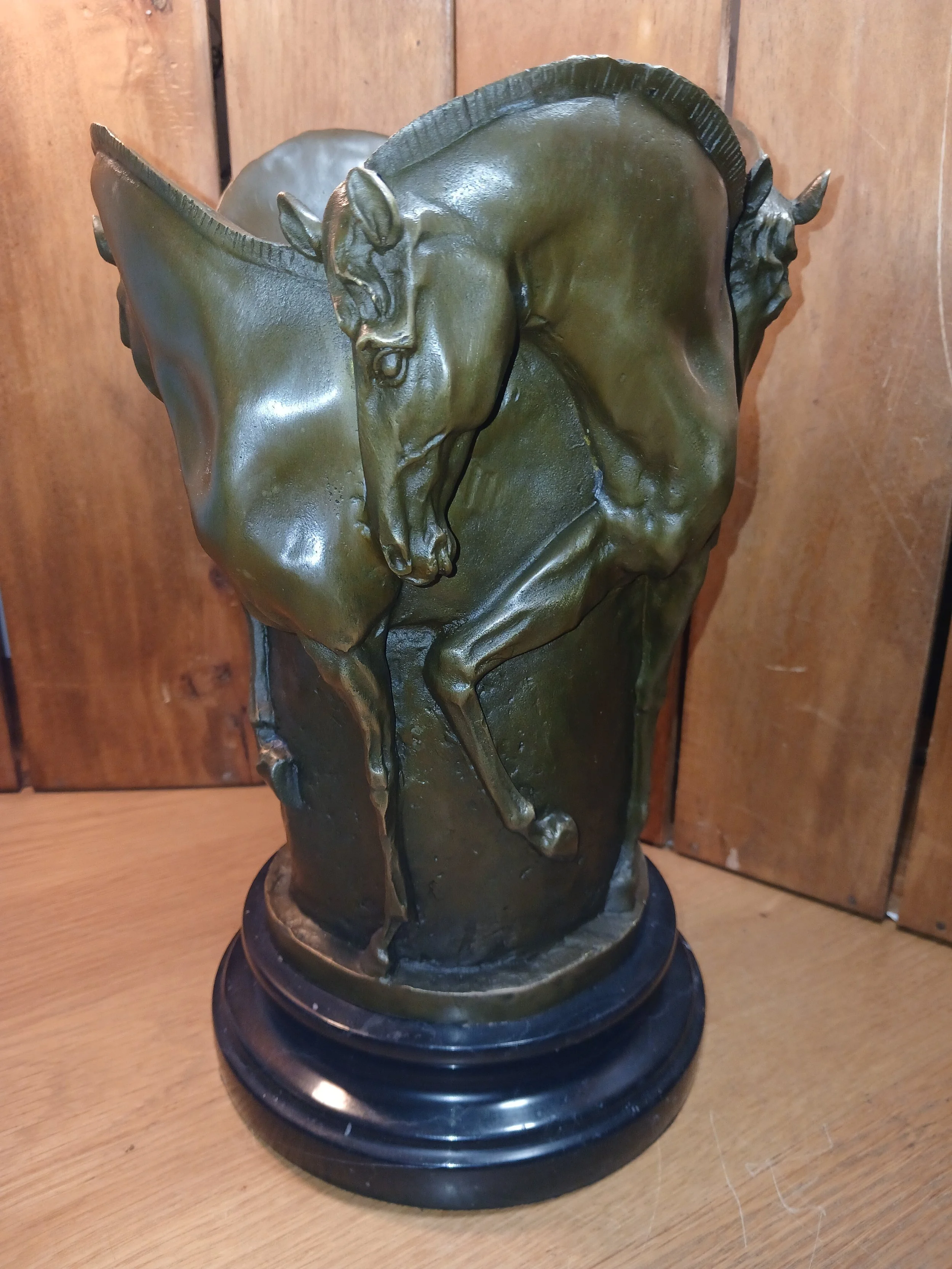 Large Bronze Wine Cooler On Marble Base With Horse Decoration Signed Milo