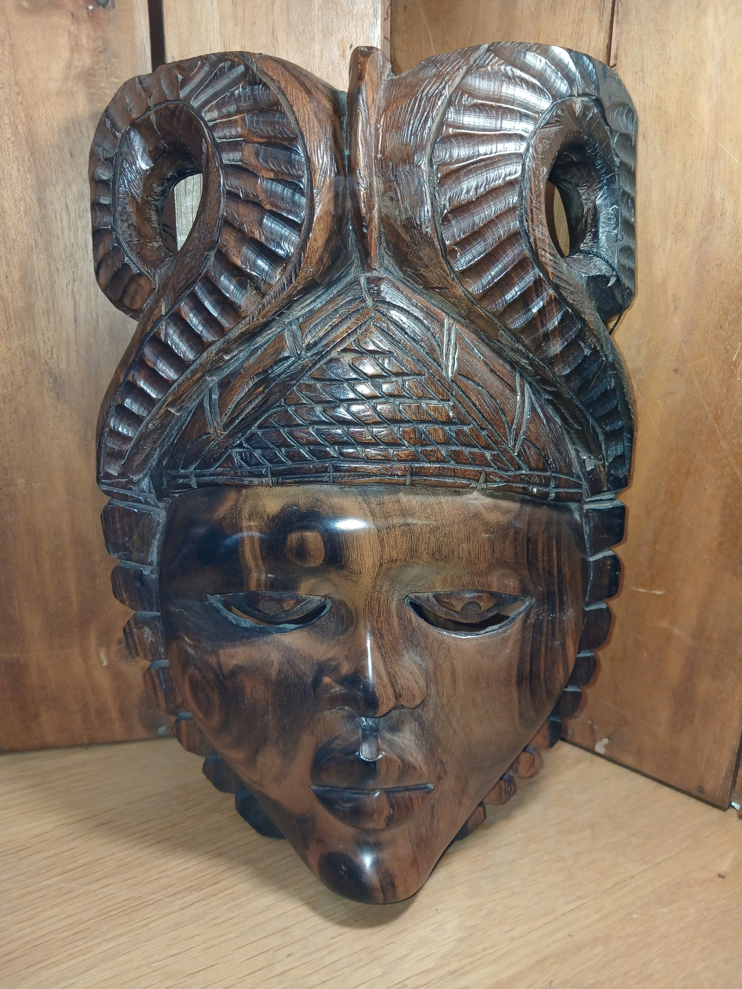Hand Carved Wooden Tribal People Mask, African Origin, Brown Wall Decor
