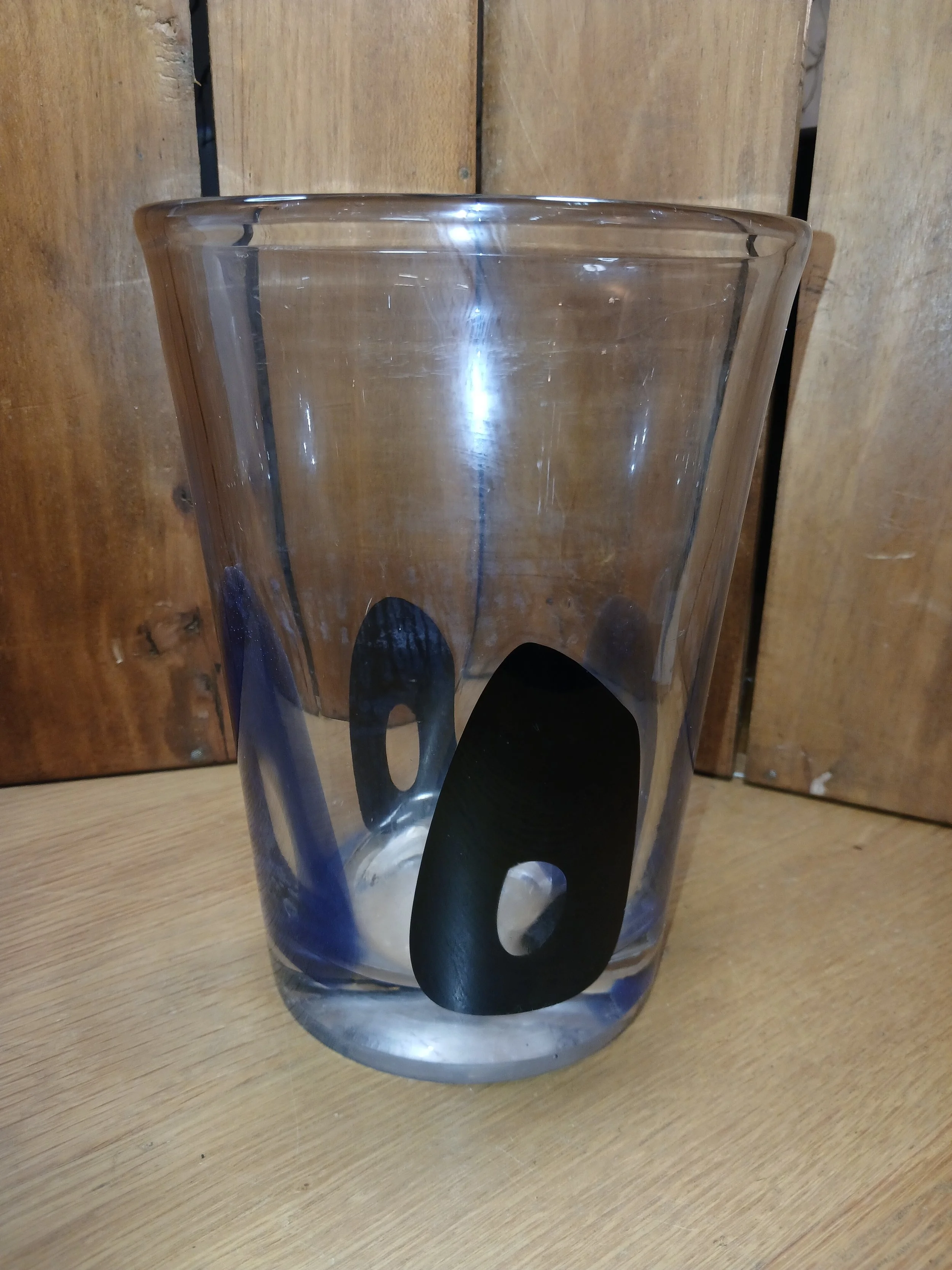 Vintage Italian Hand Blown Cylindrical Glass Vase With Black Oval Design